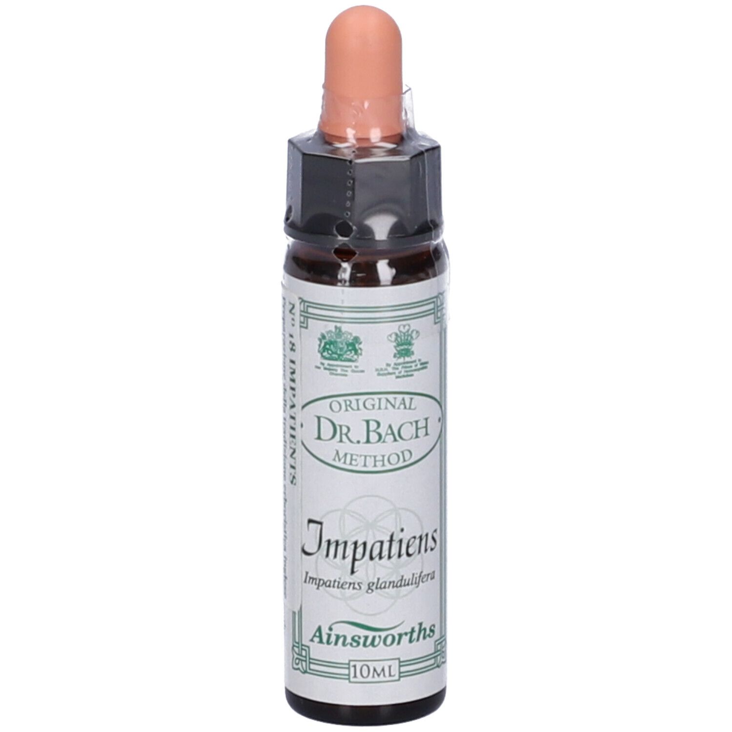Flacone di vetro marrone con contagocce. Etichetta con testo e Impatiens. 10ml.