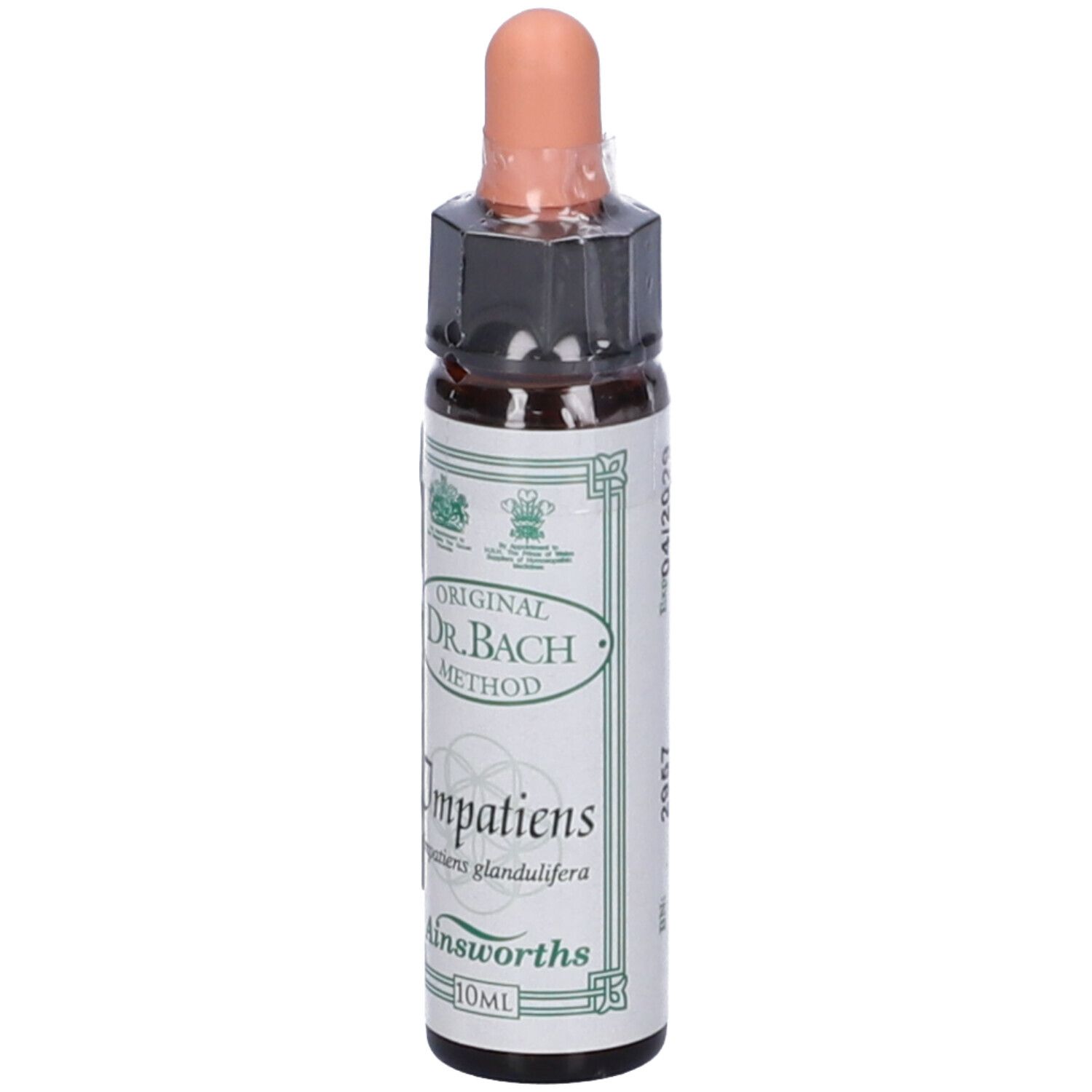 Flacone di vetro marrone con contagocce. Etichetta con testo e Impatiens. 10ml.
