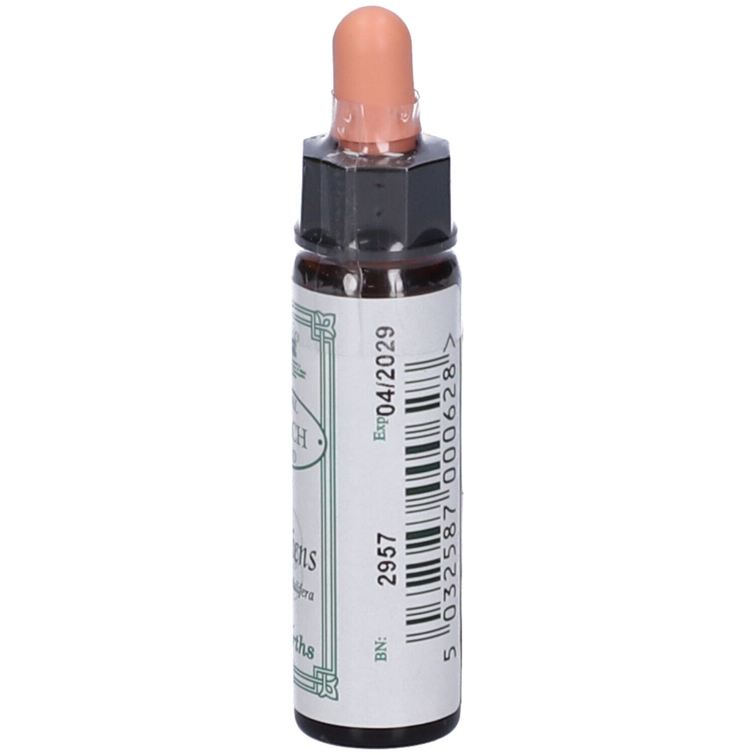 Flacone di vetro marrone con contagocce. Etichetta con testo e Impatiens. 10ml.