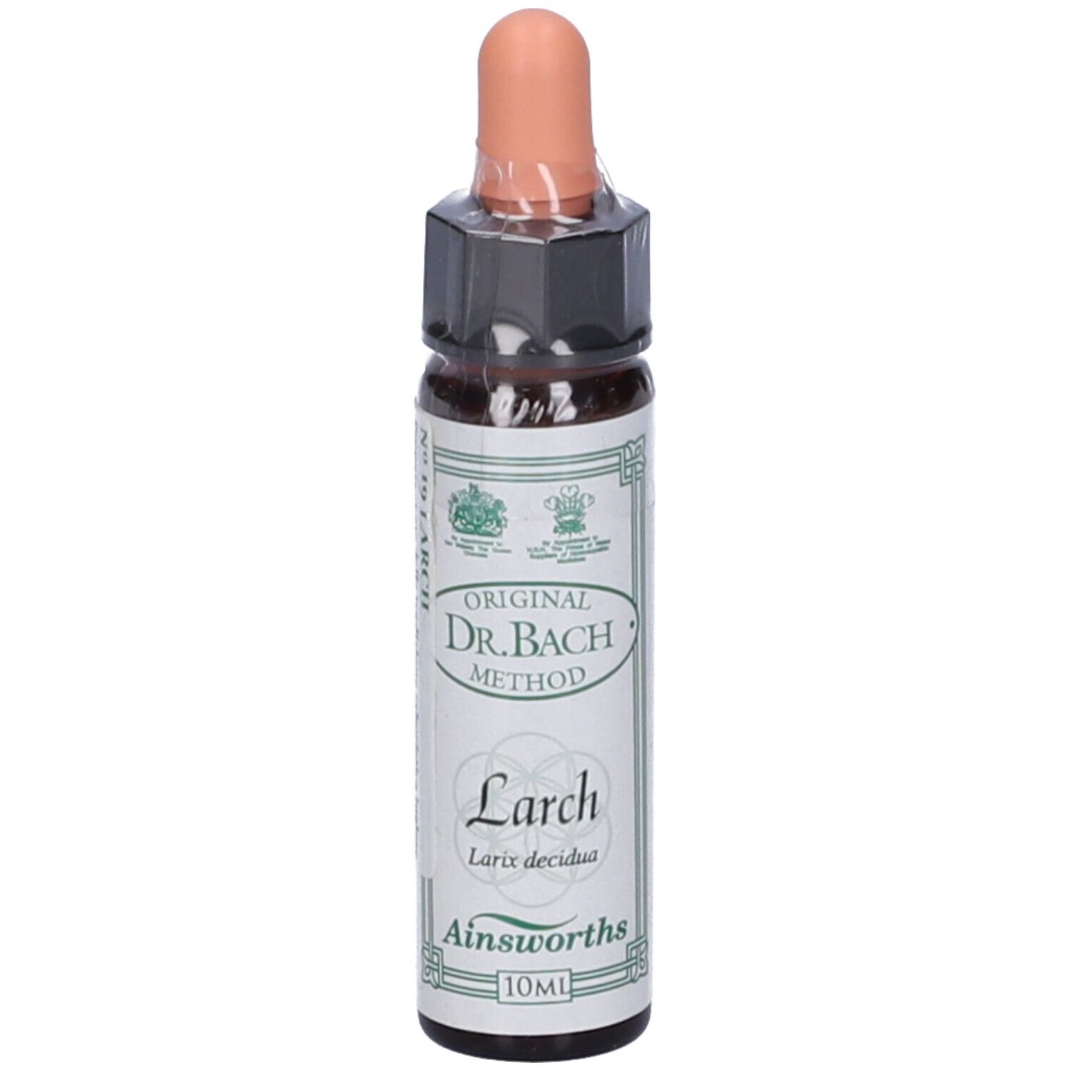 Flacone di vetro marrone con contagocce. Scritta: Original Dr. Bach Method, Larch, Ainsworths.