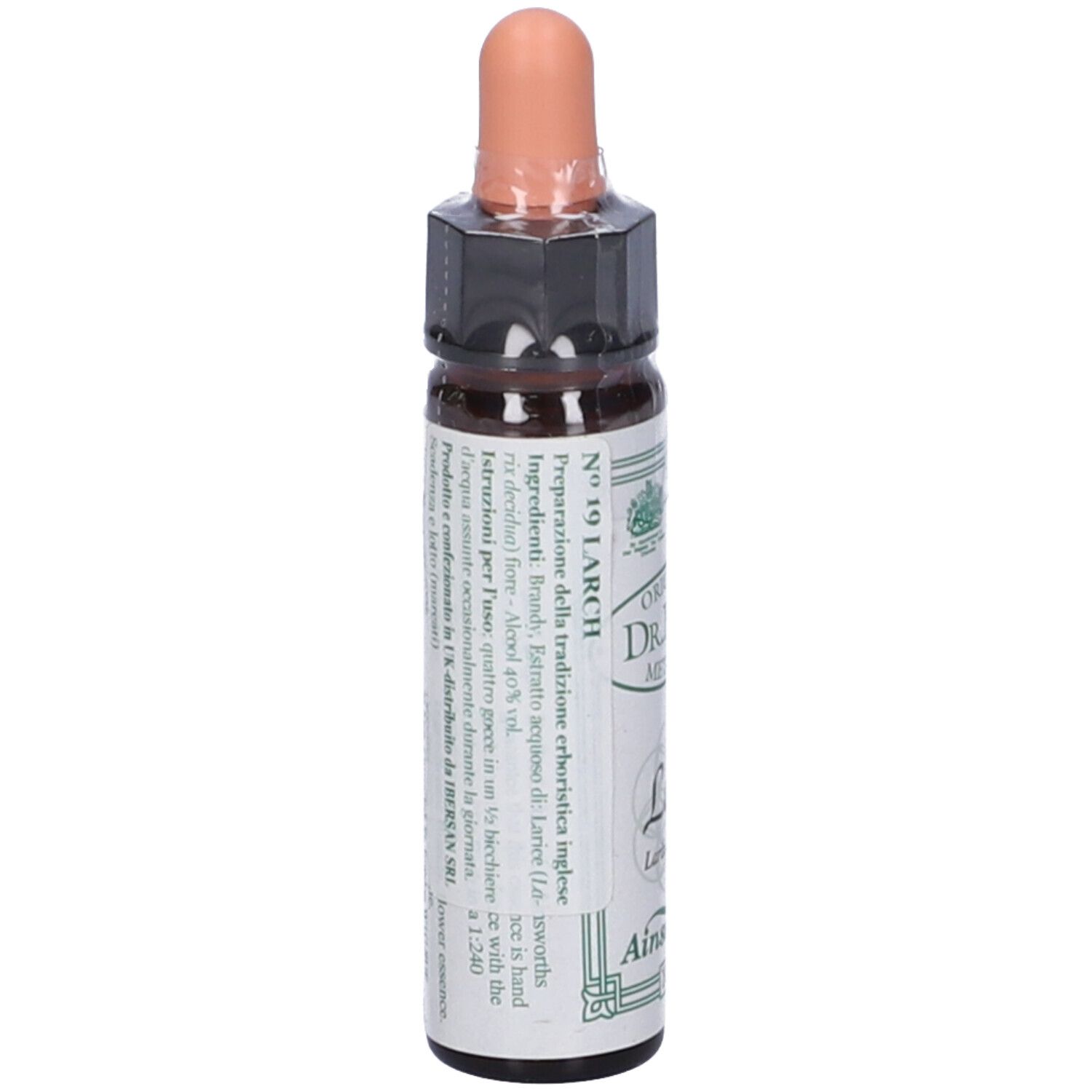 Flacone di vetro marrone con contagocce. Scritta: Original Dr. Bach Method, Larch, Ainsworths.