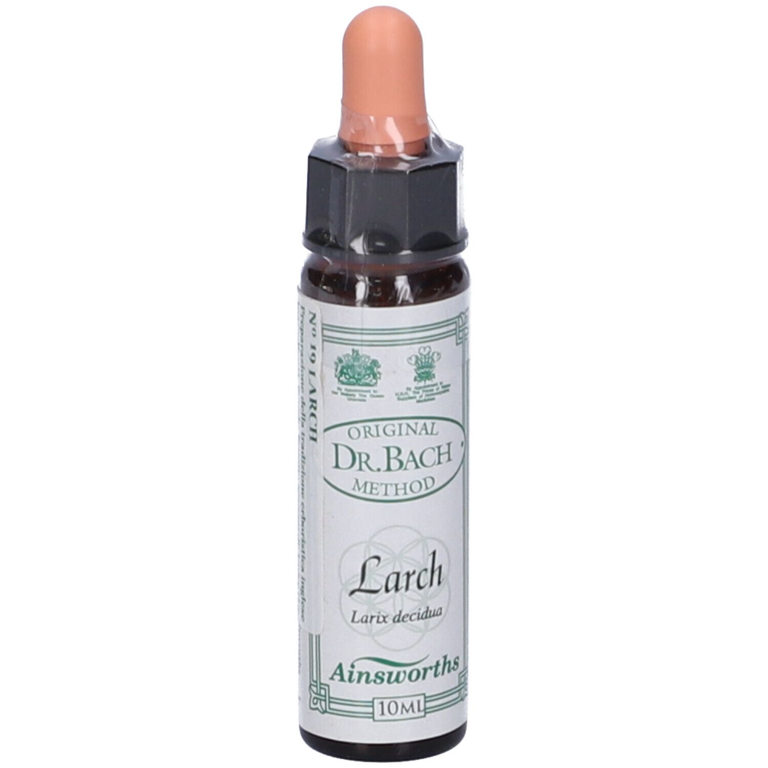 Flacone di vetro marrone con contagocce. Scritta: Original Dr. Bach Method, Larch, Ainsworths.