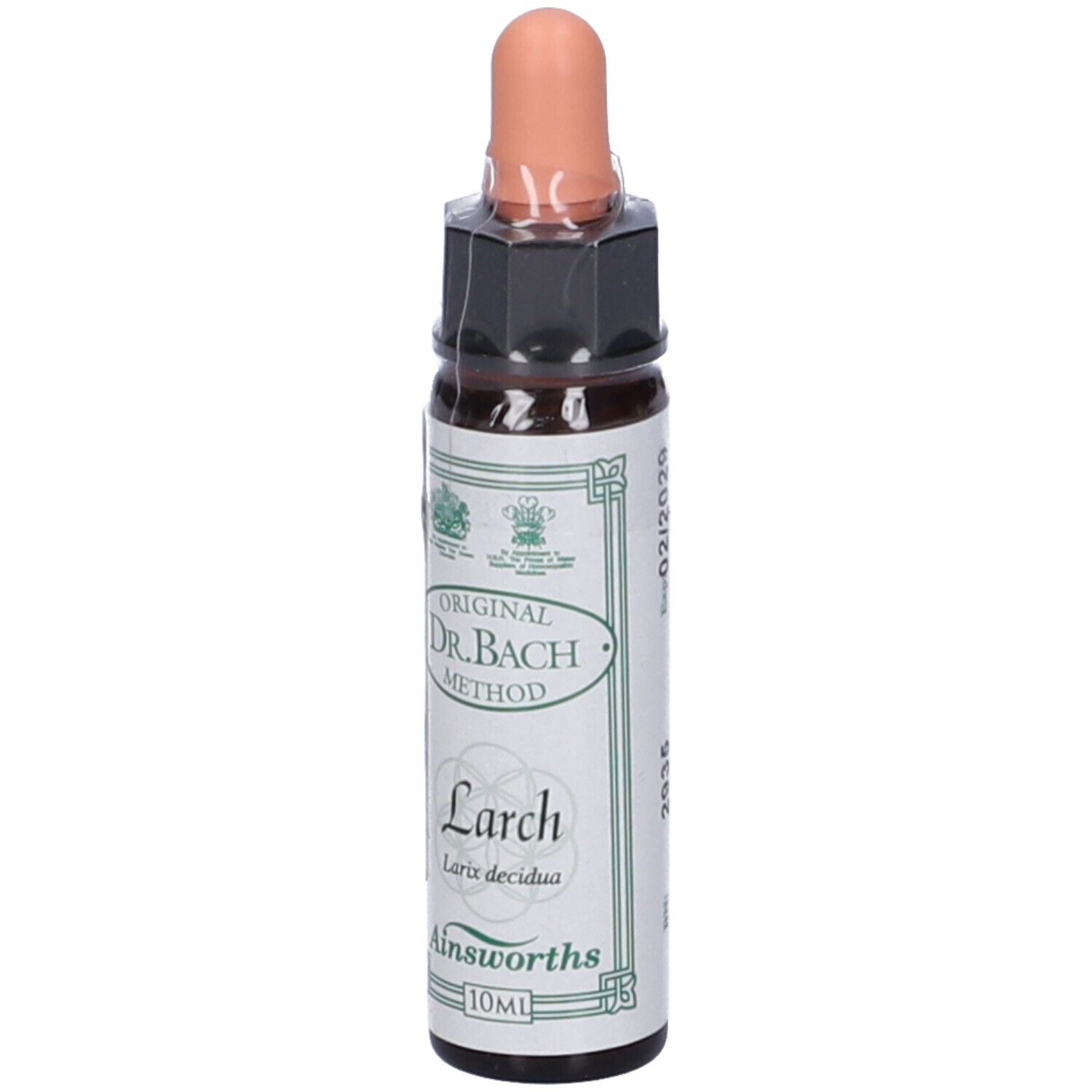 Flacone di vetro marrone con contagocce. Scritta: Original Dr. Bach Method, Larch, Ainsworths.