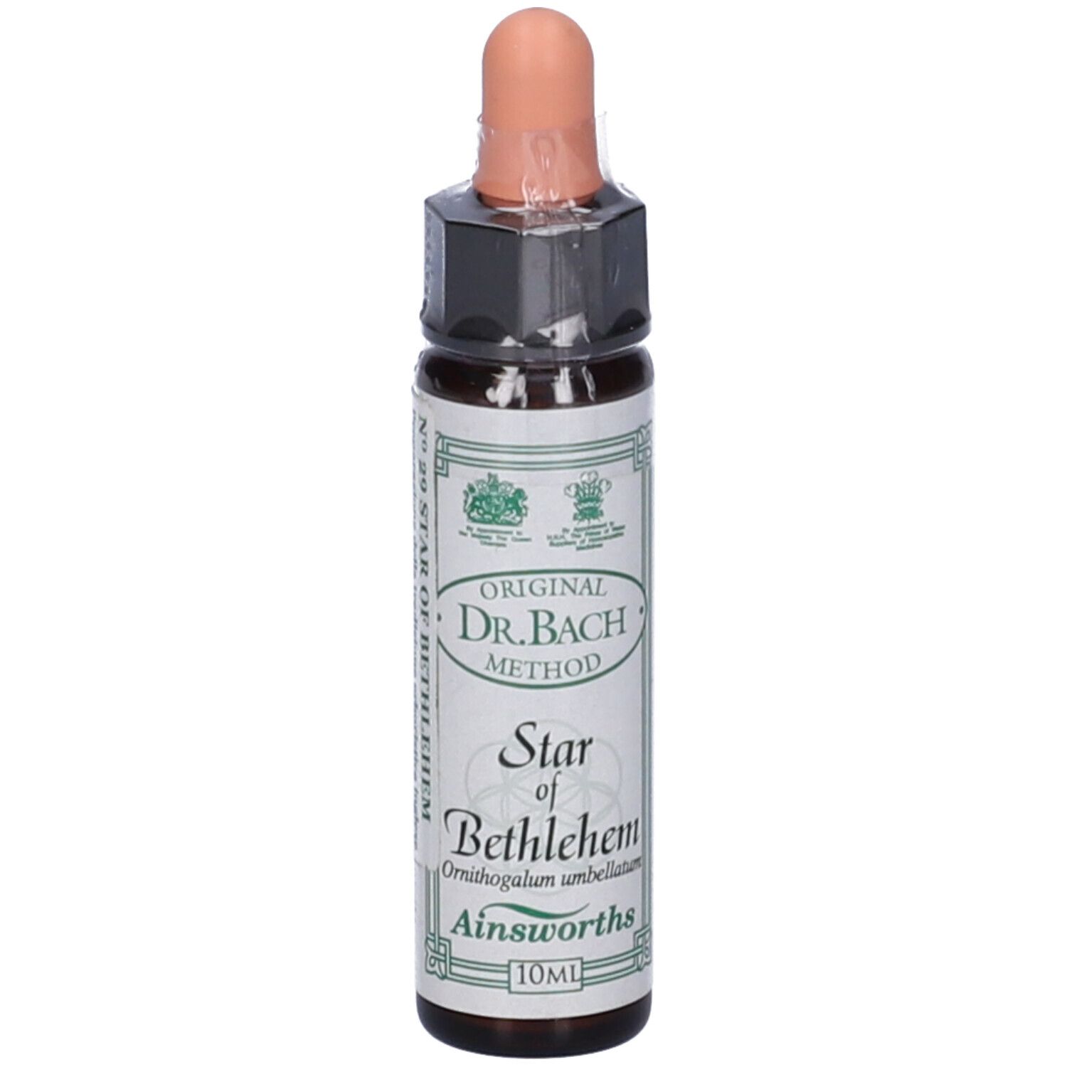Flacone marrone con contagocce. Scritta: Star of Bethlehem, Ainsworths, 10ml. Original Dr. Bach Method.