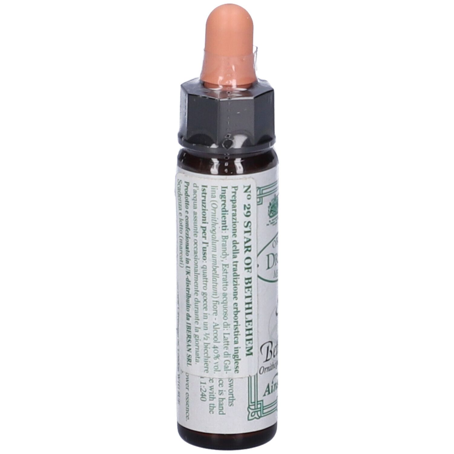 Flacone marrone con contagocce. Scritta: Star of Bethlehem, Ainsworths, 10ml. Retro con ingredienti.