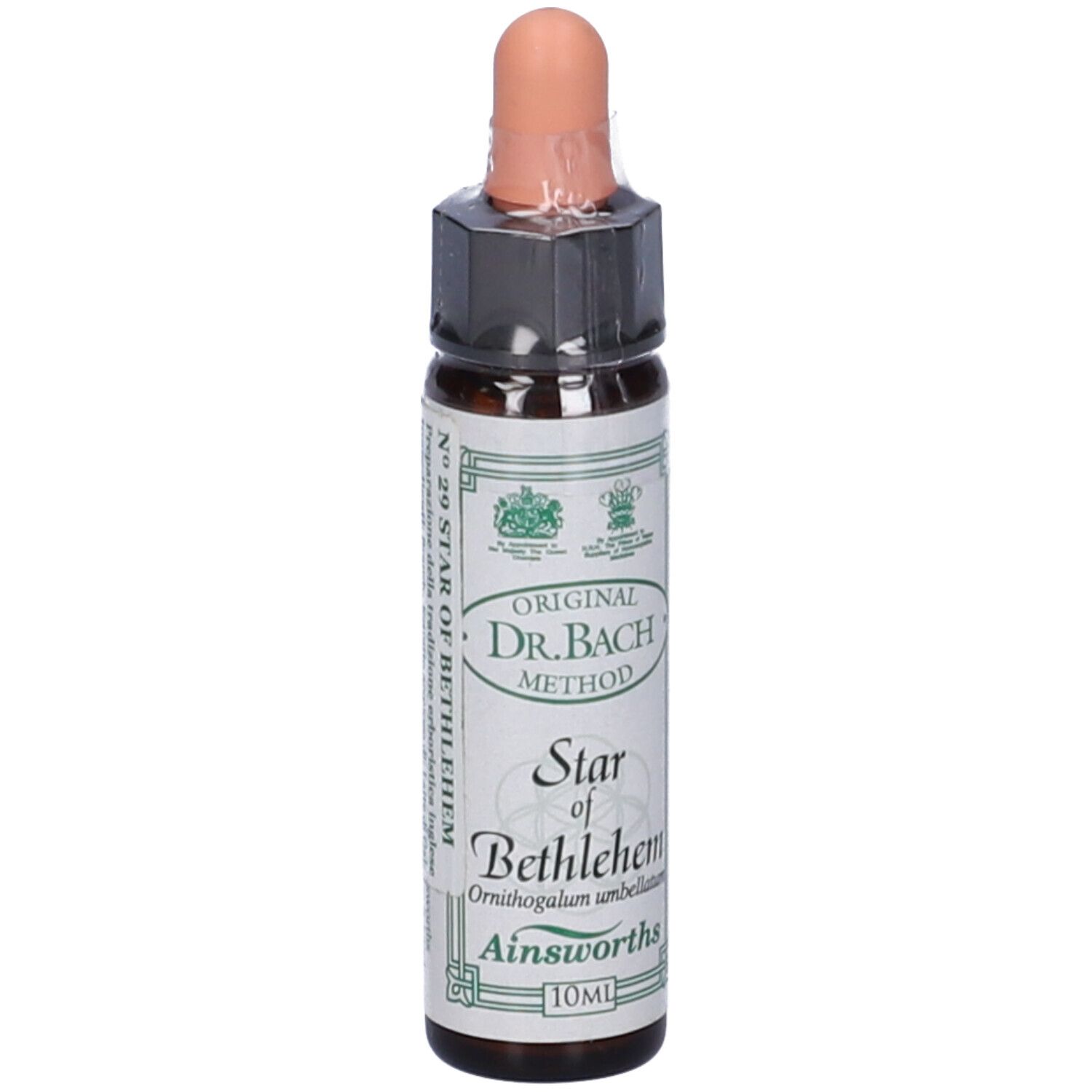 Flacone marrone con contagocce. Scritta: Star of Bethlehem, Ainsworths, 10ml. Original Dr. Bach Method.