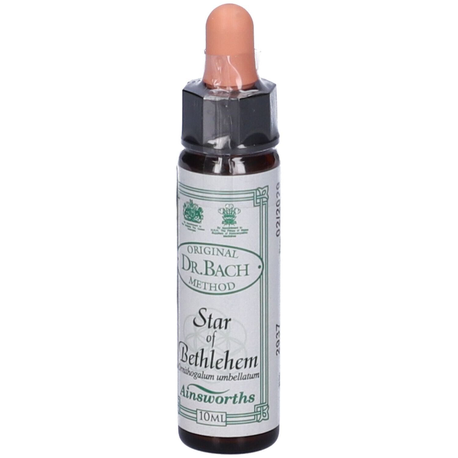 Flacone marrone con contagocce. Scritta: Star of Bethlehem, Ainsworths, 10ml. Data di scadenza.