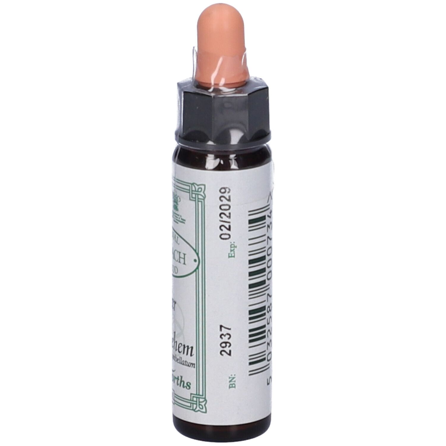 Flacone marrone con contagocce. Scritta: Star of Bethlehem, Ainsworths, 10ml. Data e numero di lotto.