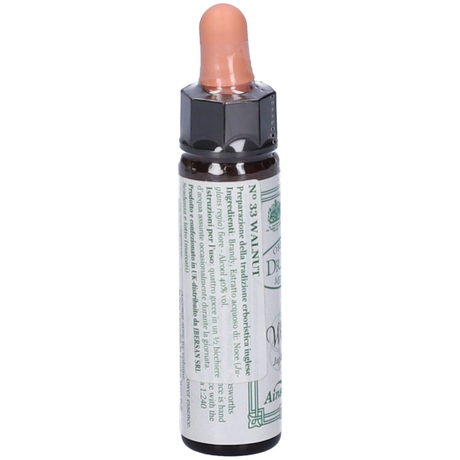 Flacone di vetro marrone con contagocce. Scritta: Dr. Bach Method, Walnut, Ainsworths. Etichetta con testo.