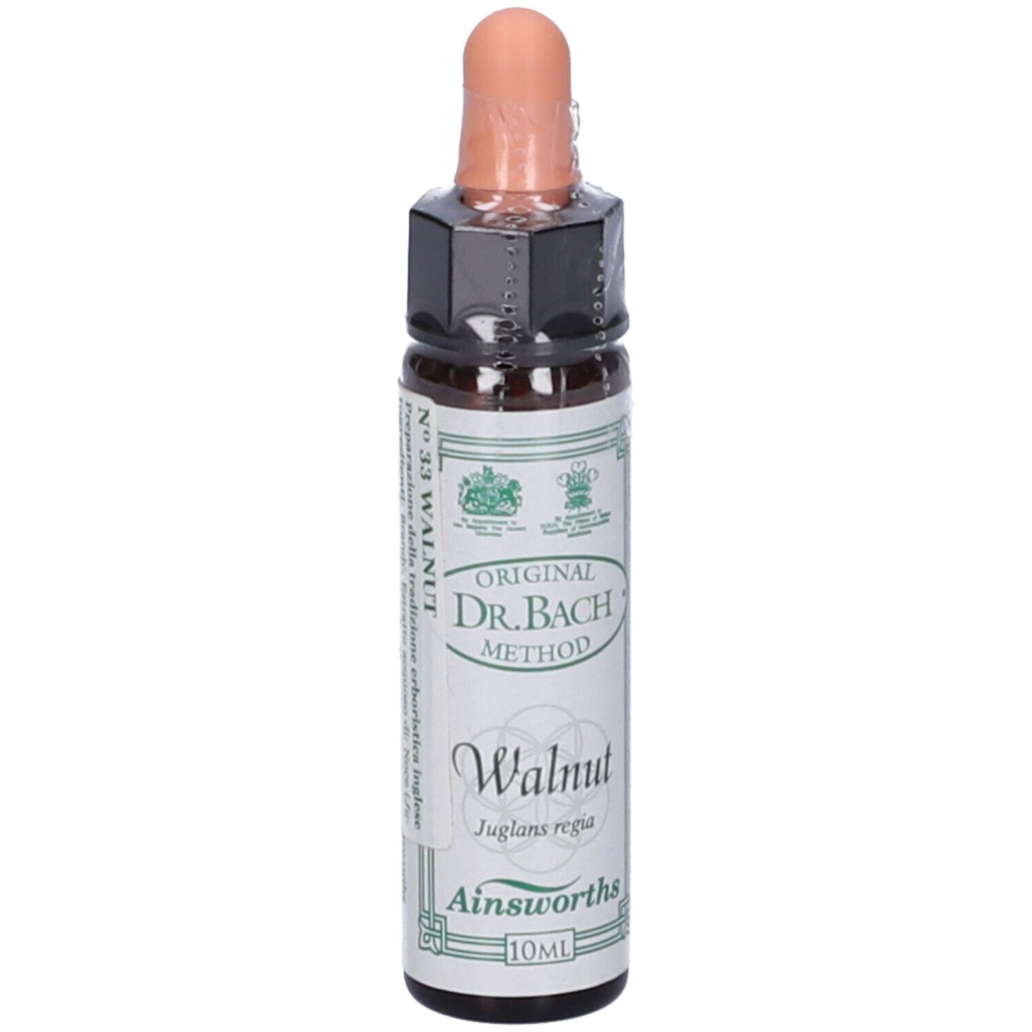 Flacone di vetro marrone con contagocce. Scritta: Dr. Bach Method, Walnut, Ainsworths. Etichetta.