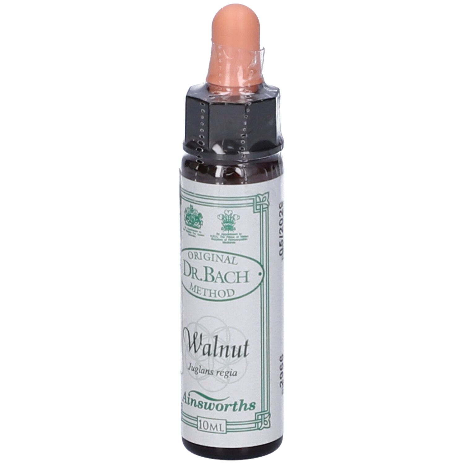 Flacone di vetro marrone con contagocce. Scritta: Dr. Bach Method, Walnut, Ainsworths. Etichetta.