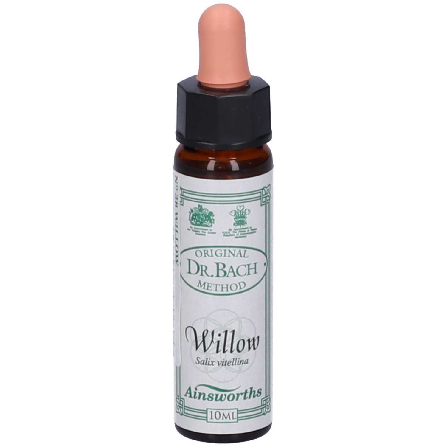 Flacone di vetro marrone con contagocce rosa. Scritta: Original Dr. Bach Method, Willow, Ainsworths.