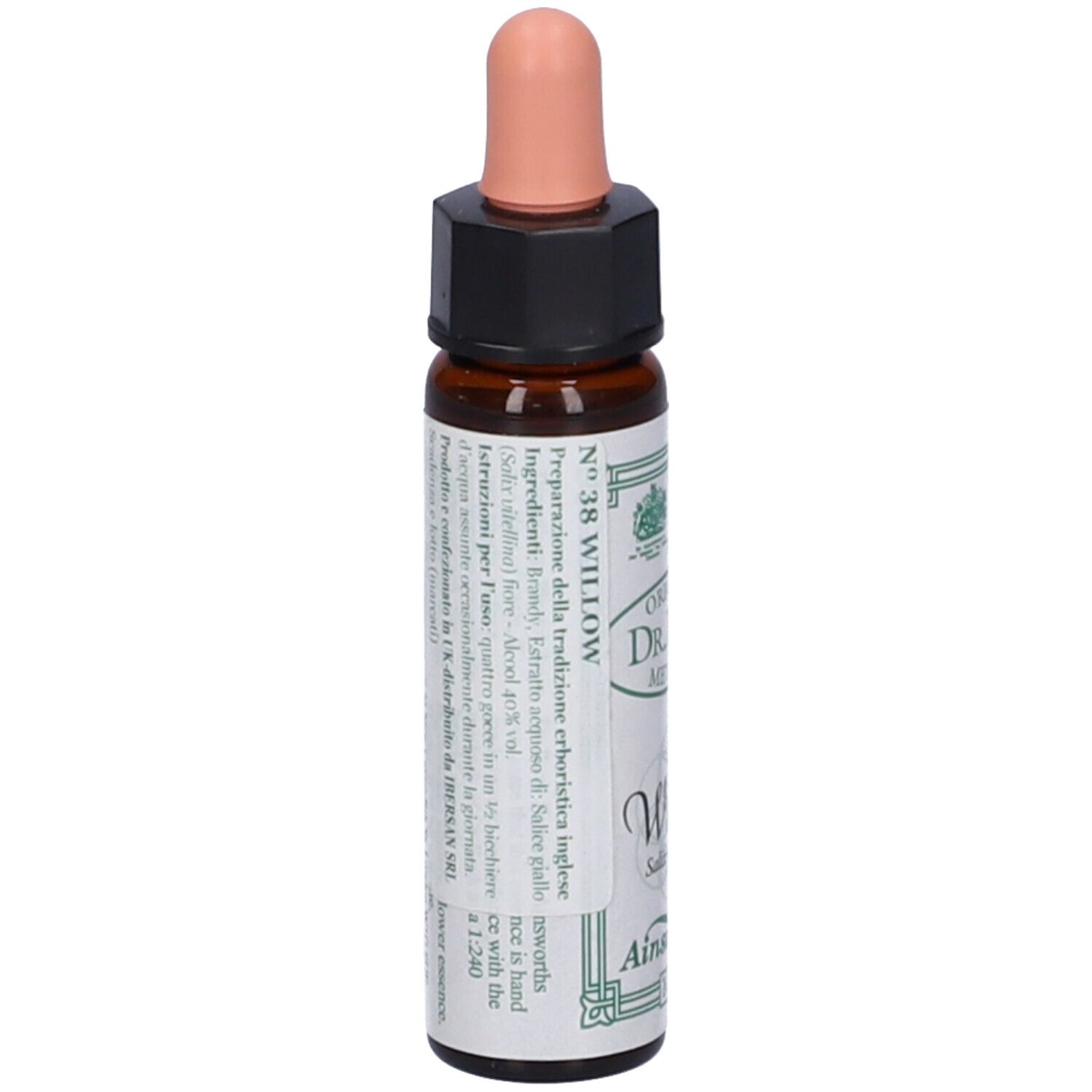 Flacone di vetro marrone con contagocce rosa. Scritta: N°38 Willow, Original Dr. Bach Method, Ainsworths.