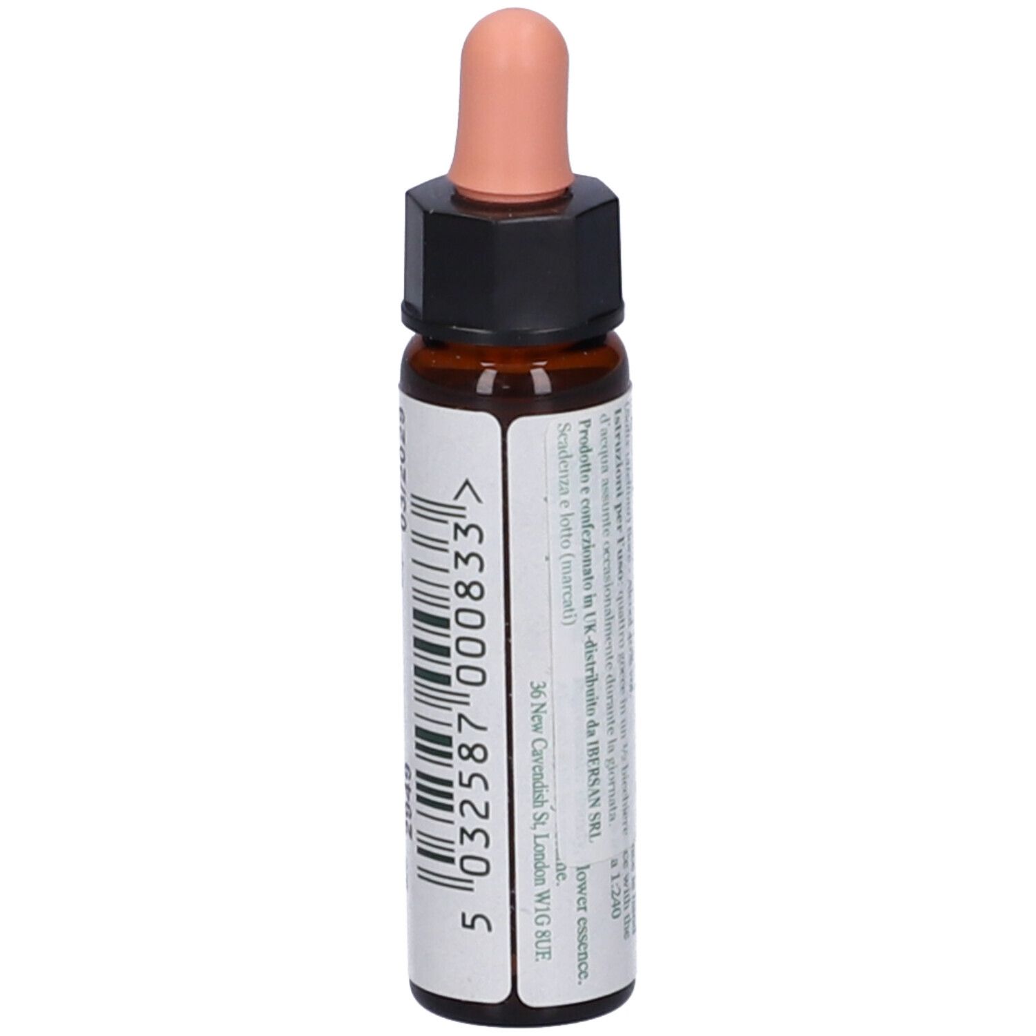 Flacone di vetro marrone con contagocce rosa. Scritta: N°38 Willow, Ainsworths. Codice a barre.