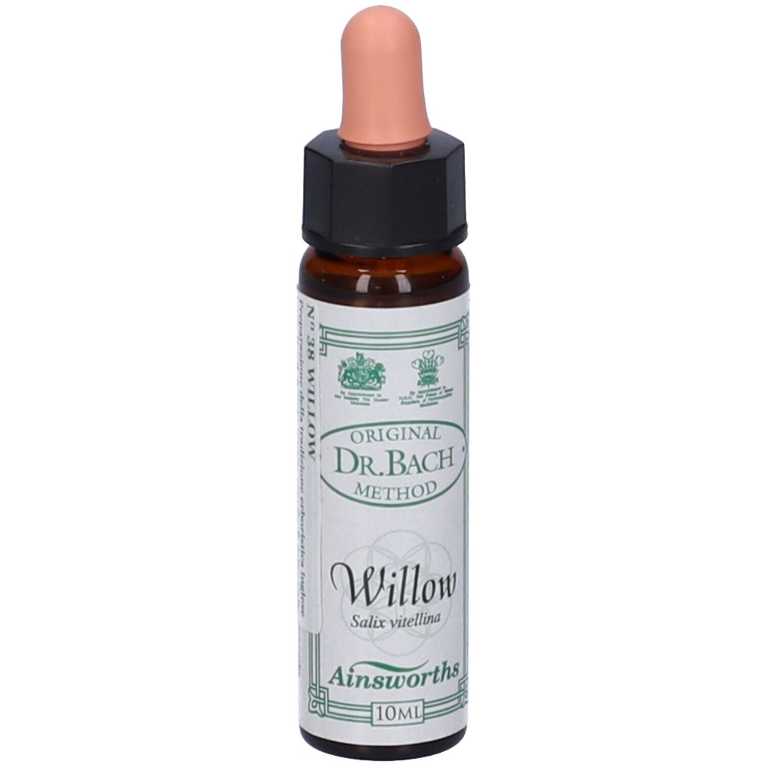 Flacone di vetro marrone con contagocce rosa. Scritta: N°38 Willow, Original Dr. Bach Method, Ainsworths.