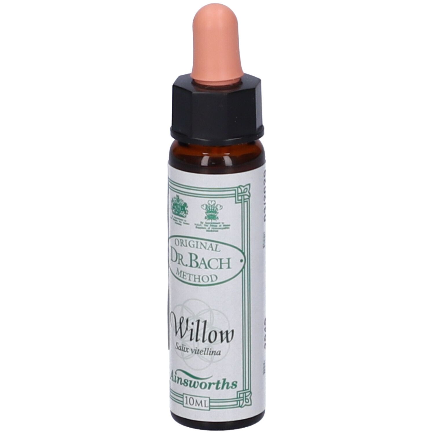 Flacone di vetro marrone con contagocce rosa. Scritta: Willow, Ainsworths.