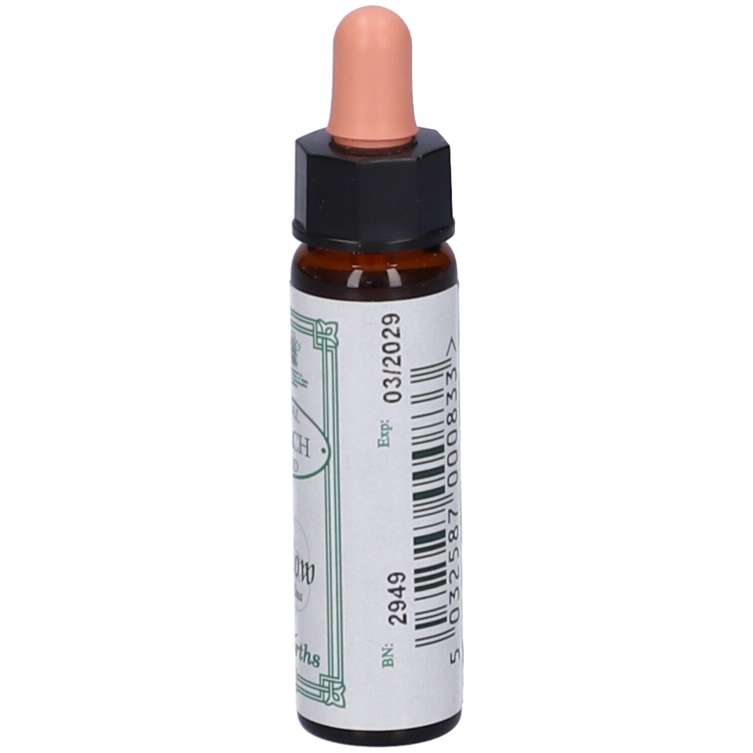 Flacone di vetro marrone con contagocce rosa. Scritta: Willow, Ainsworths. Data di scadenza.