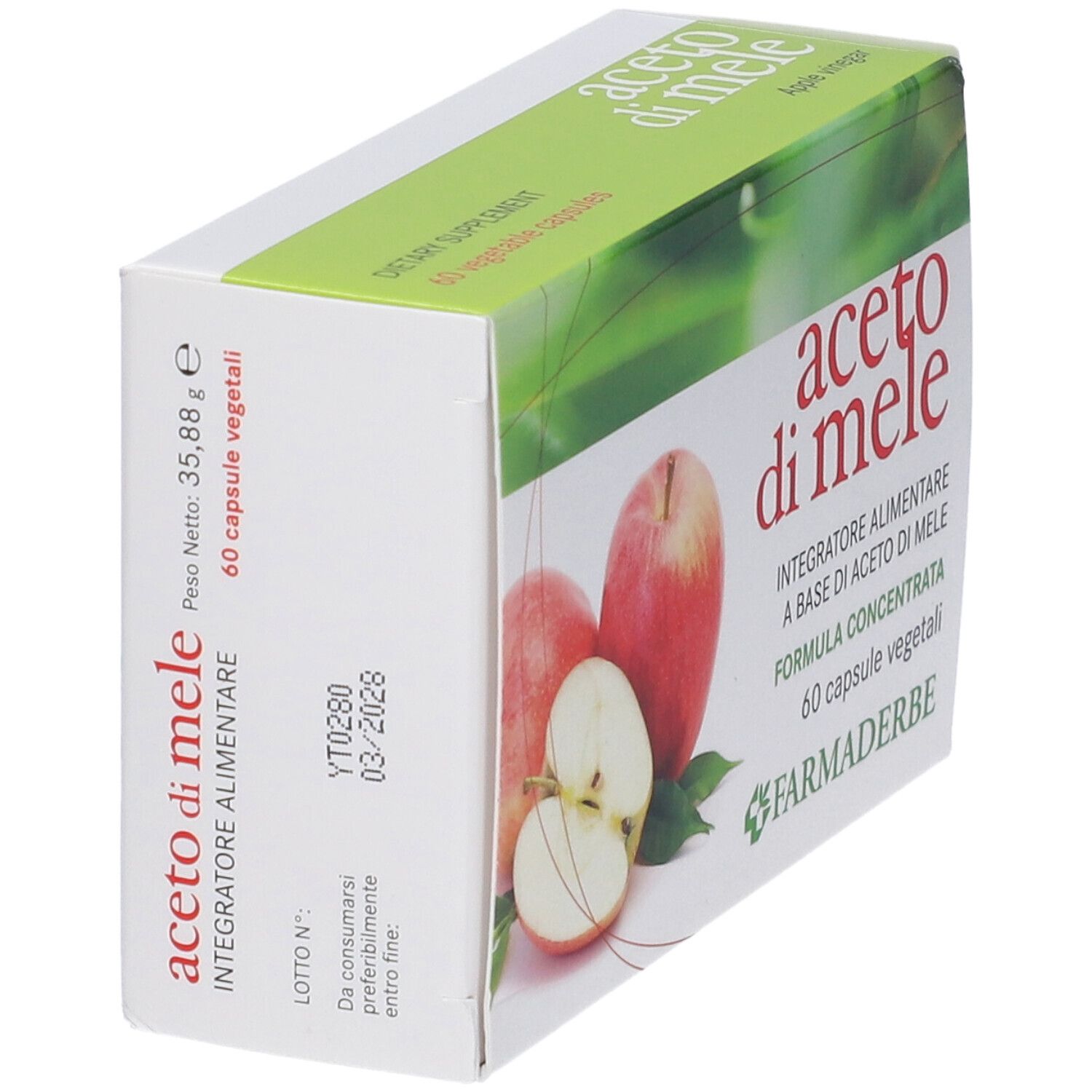 Confezione del prodotto, vista obliqua dall'alto. Testo: Aceto di Mele, 60 capsule. Stampa con mele e informazioni sul prodotto.