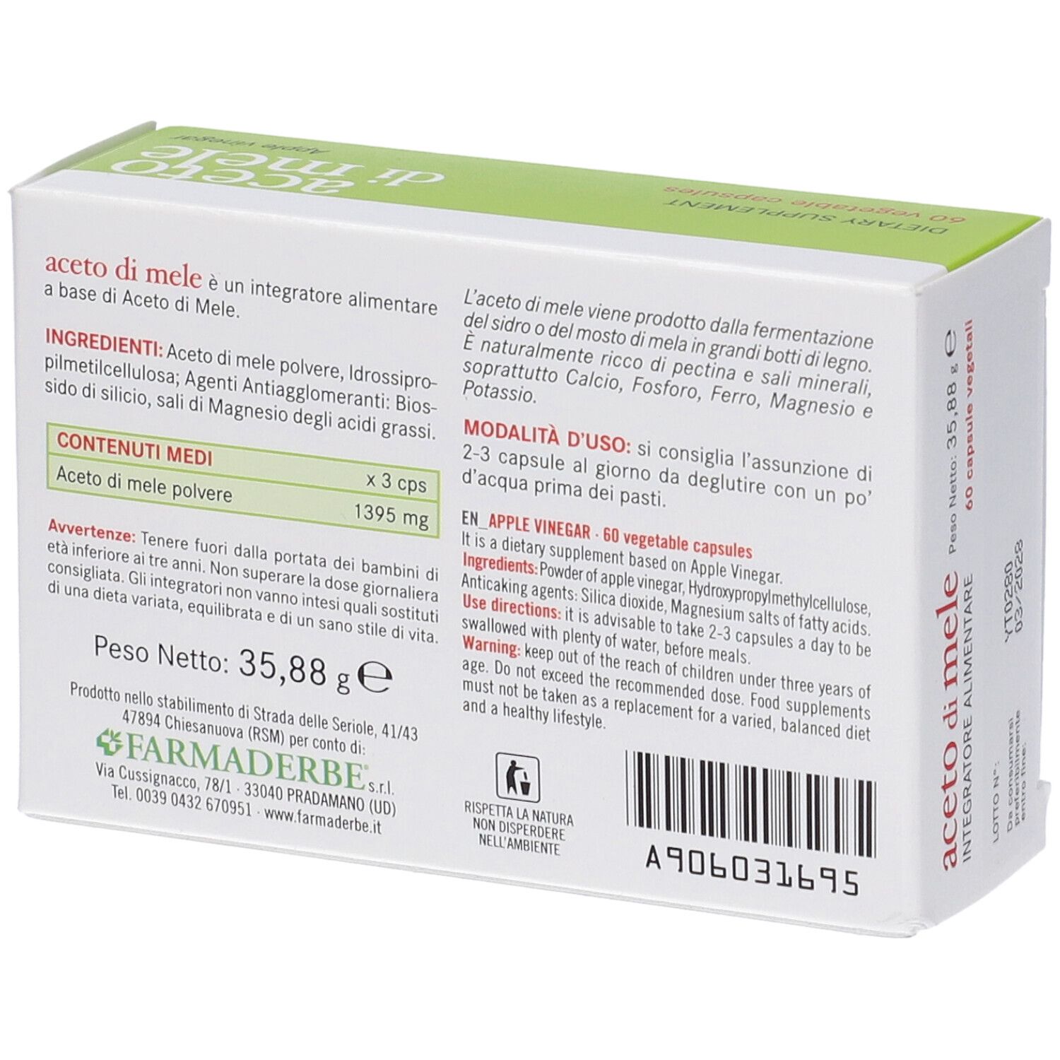 Retro della confezione del prodotto. Testo: informazioni sul prodotto, ingredienti, istruzioni per l'uso. Peso: 35,88 g.