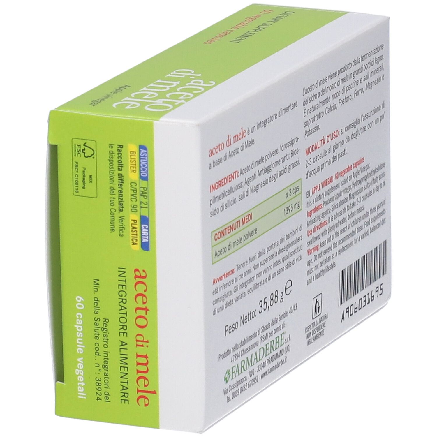 Confezione del prodotto, vista obliqua dall'alto. Testo: Aceto di Mele, 60 capsule. Stampa con informazioni e logo.