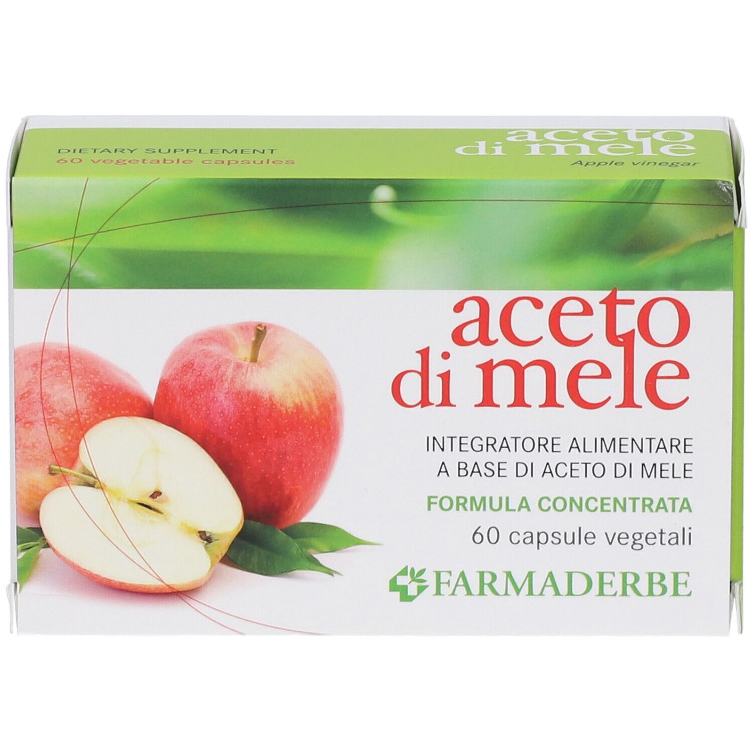 Confezione del prodotto con mele e nome del prodotto. Testo: Aceto di Mele, 60 capsule, Farmaderbe. Colori verde e bianco.