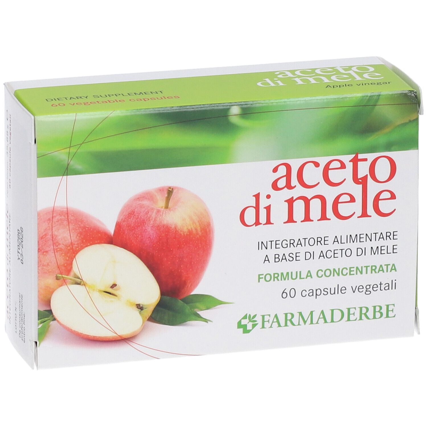 Confezione del prodotto con mele e nome del prodotto. Testo: Aceto di Mele, 60 capsule, Farmaderbe. Colori verde e bianco.