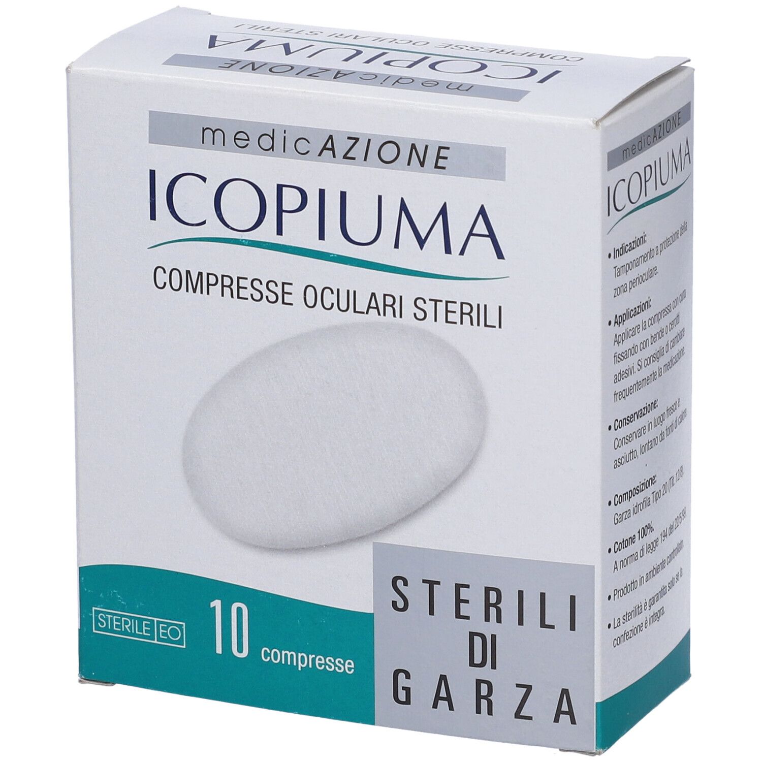 Scatola bianca con 10 compresse oculari sterili. Nome, logo e informazioni sul prodotto.