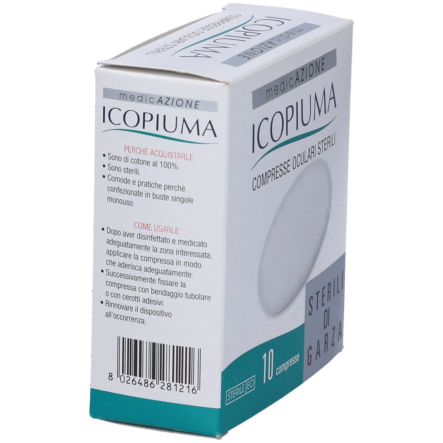 Scatola bianca con 10 compresse oculari sterili. Nome, logo e informazioni sul prodotto.
