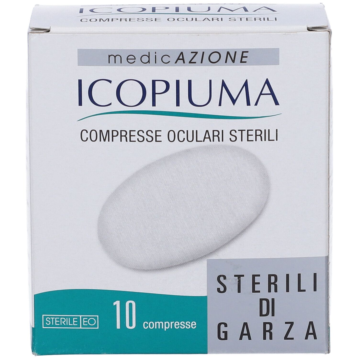 Scatola bianca con 10 compresse oculari sterili. Nome, logo e informazioni sul prodotto.