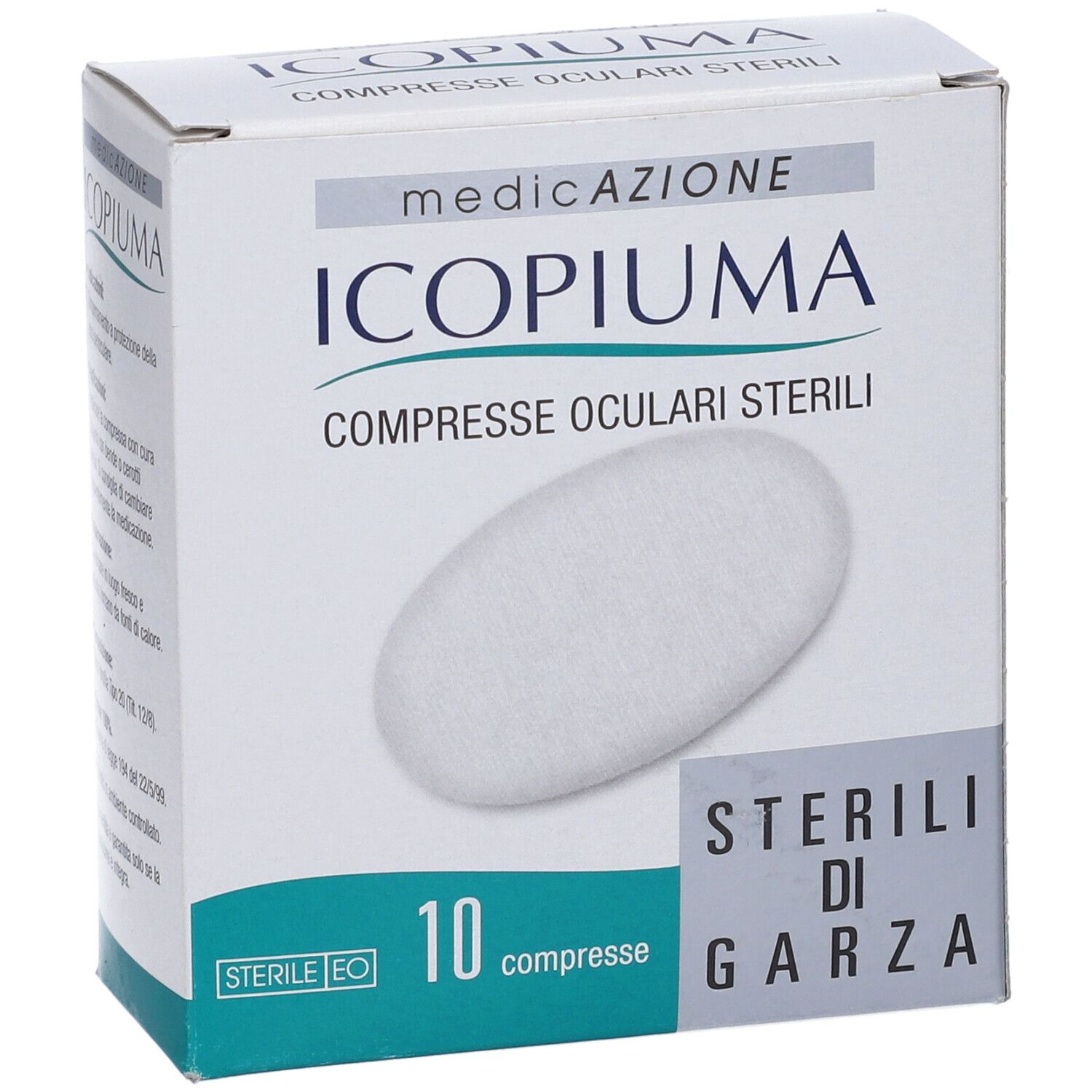 Scatola bianca con 10 compresse oculari sterili. Nome, logo e informazioni sul prodotto.