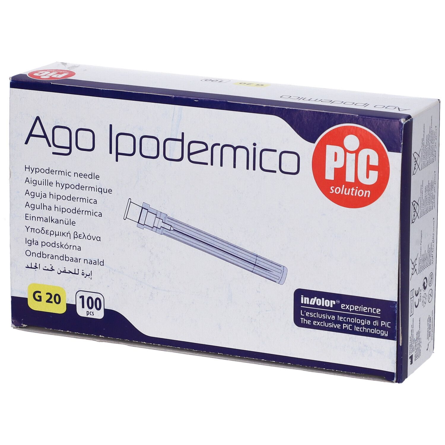 Scatola 'Ago Ipodermico' e 'PIC solution'. Contiene 100 aghi.