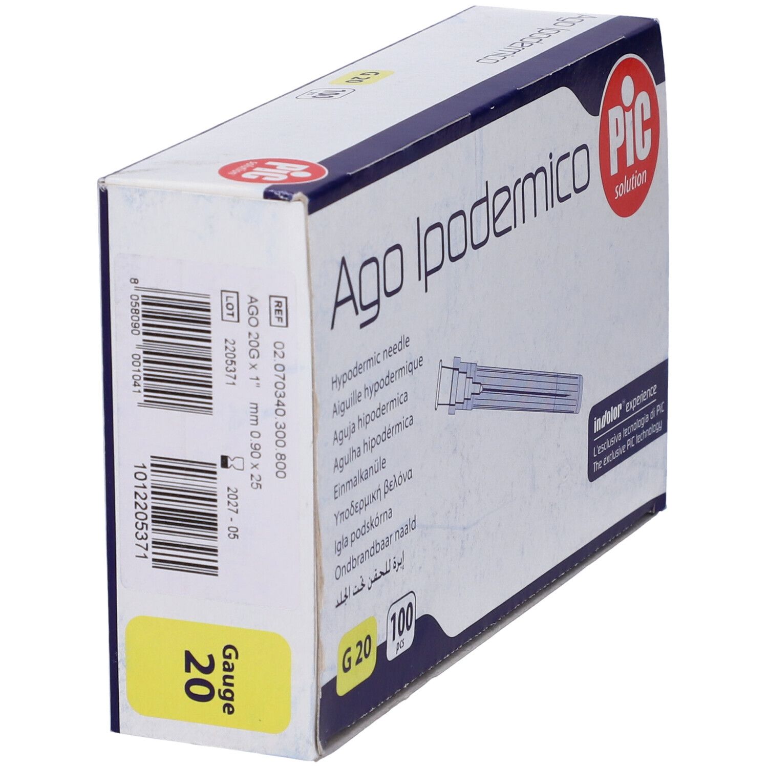Scatola inclinata con 'Ago Ipodermico' e 'PIC solution'. Contiene 100 aghi.