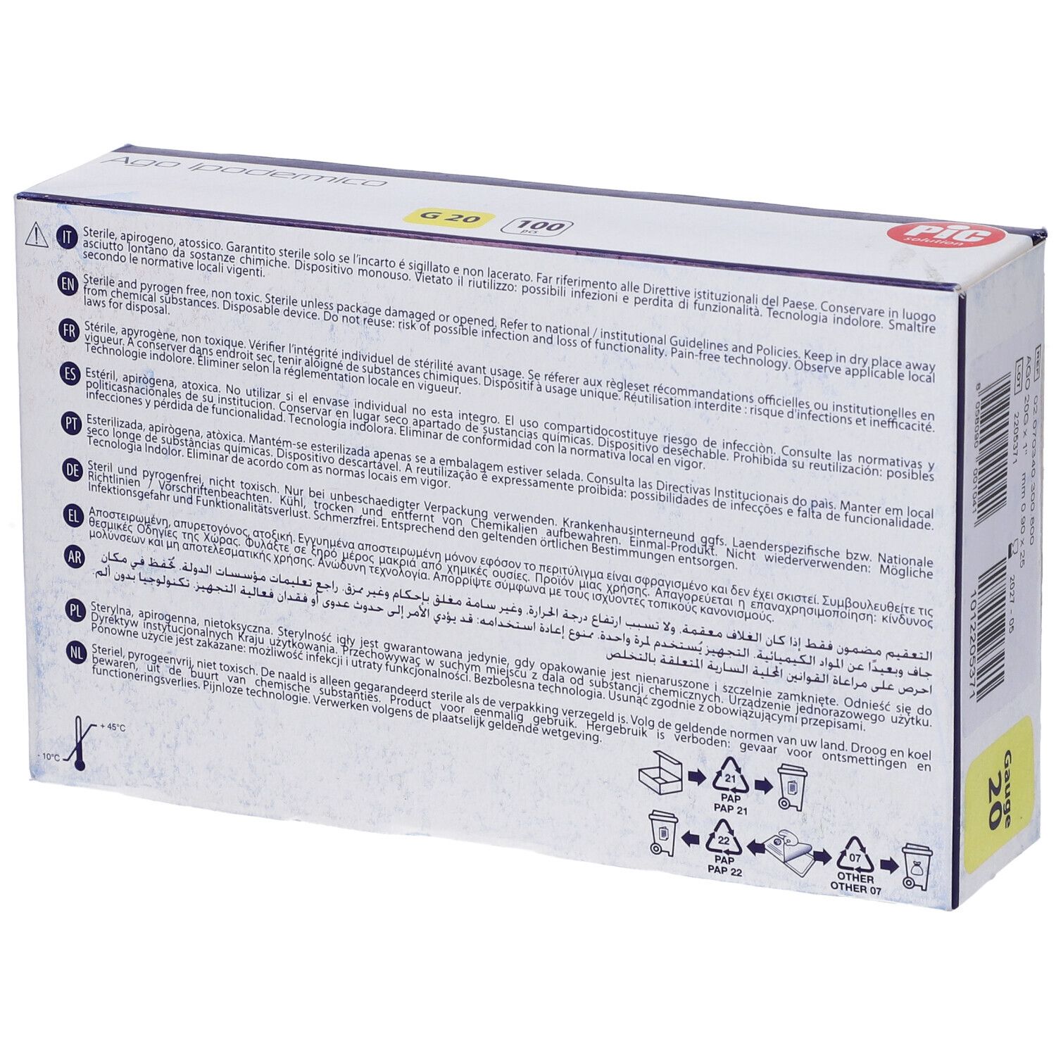 Retro della scatola con testo multilingue e simboli di riciclaggio.