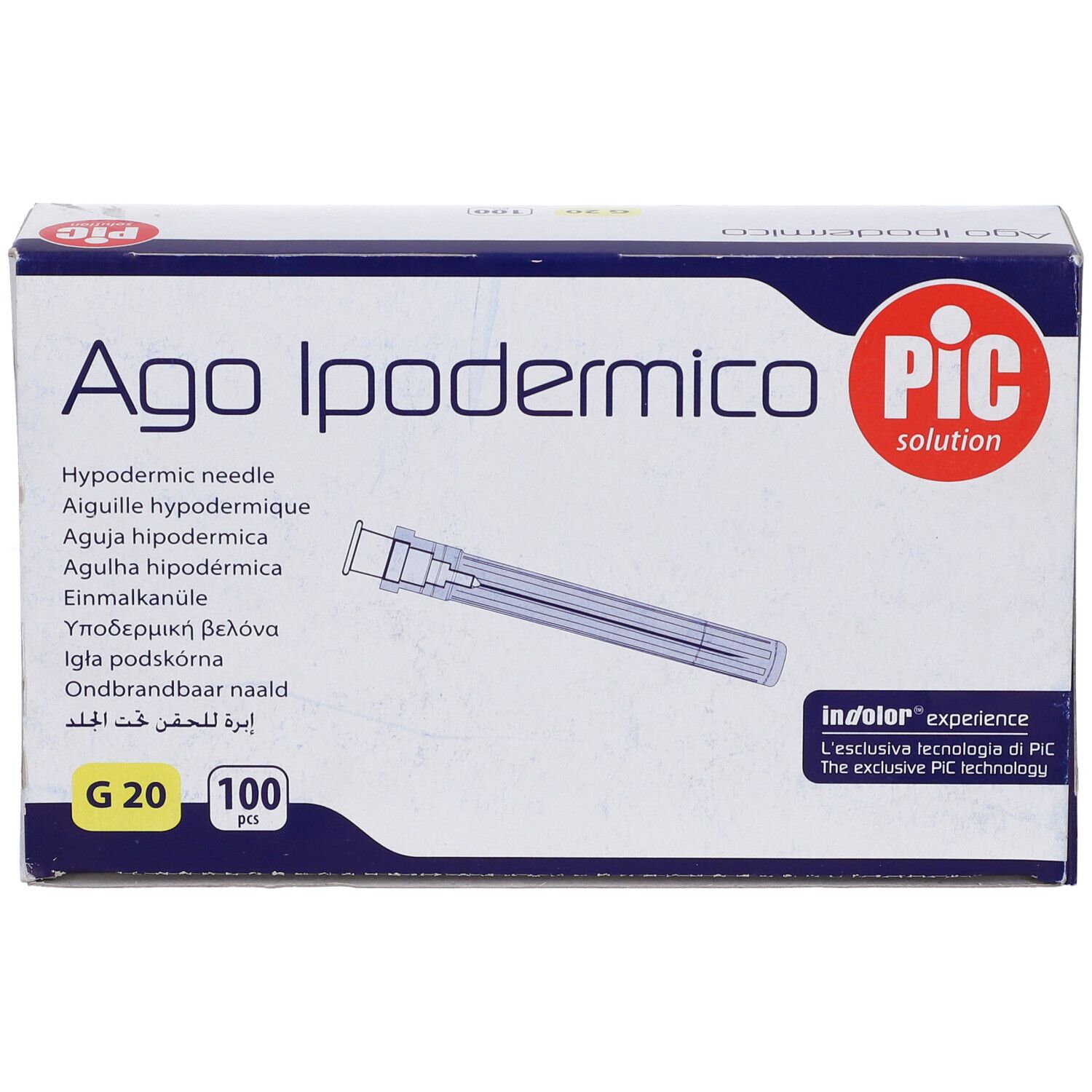Scatola 'Ago Ipodermico' e 'PIC solution'. Contiene 100 aghi. G20.
