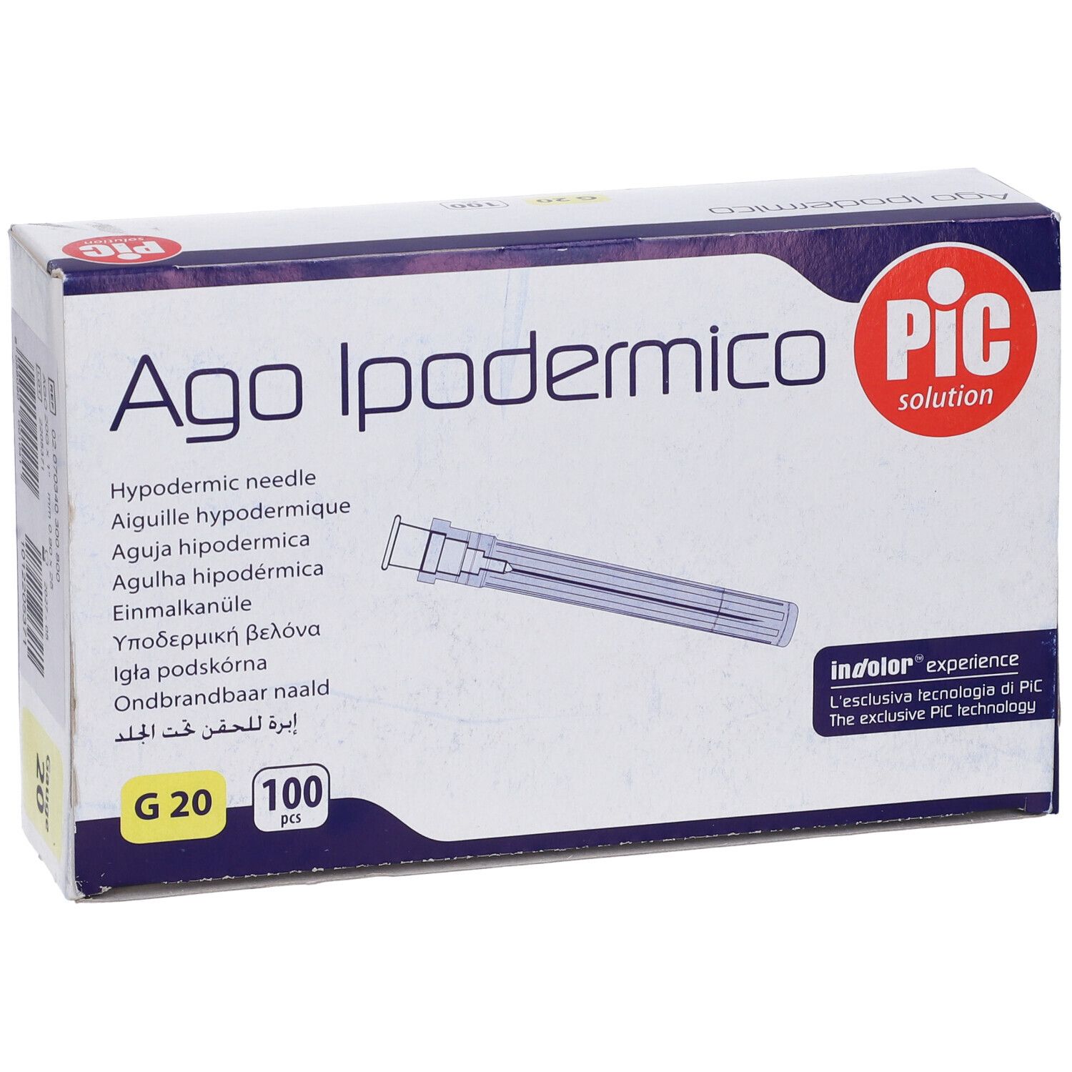 Scatola 'Ago Ipodermico' e 'PIC solution'. Contiene 100 aghi. G20.