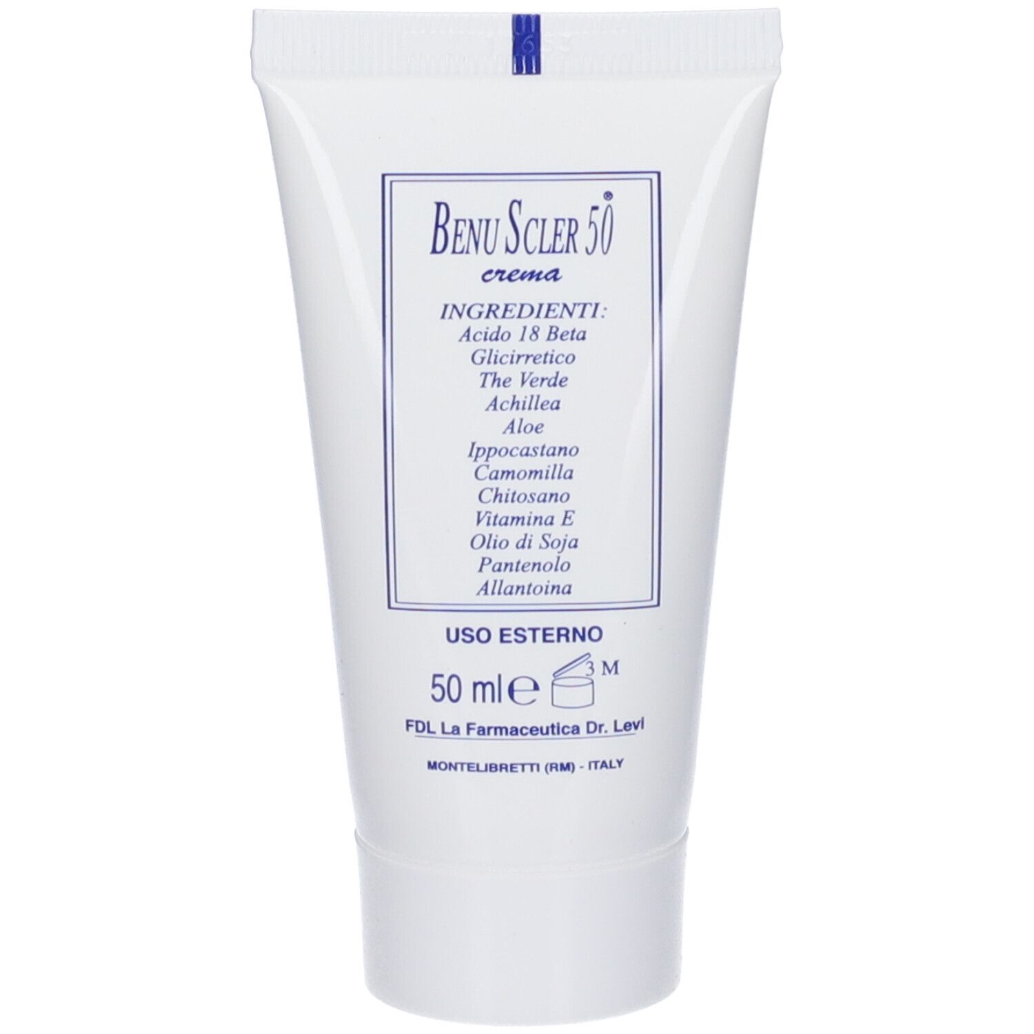 Tubo bianco con testo blu. Scritta: Benuscler 50 crema. Ingredienti. Logo FDL.