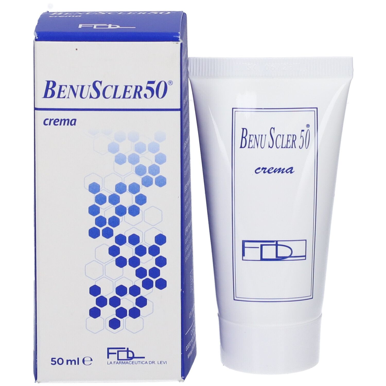 Confezione prodotto con tubo. Scatola e tubo con scritta Benuscler 50 crema. Logo FDL.