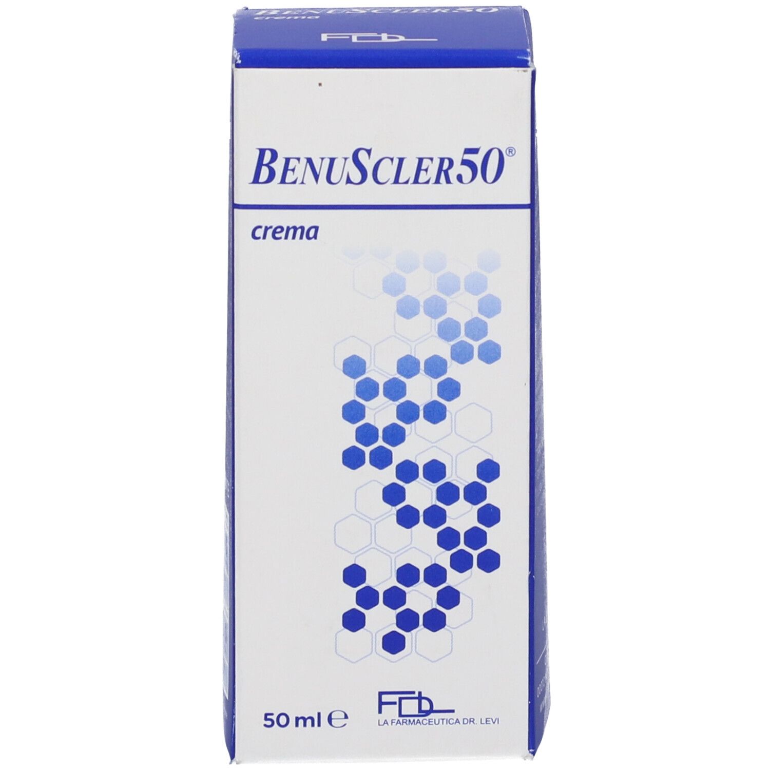 Scatola blu con scritta Benuscler 50 crema. Logo FDL. 50 ml.