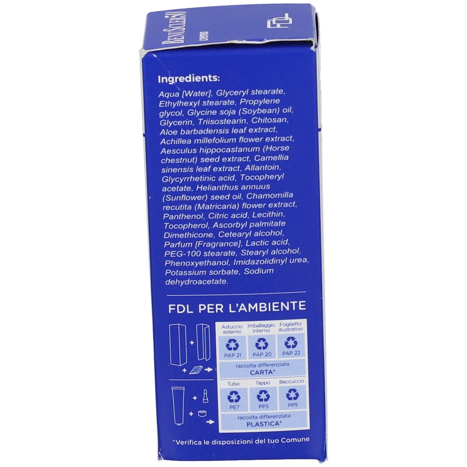 Scatola blu. Ingredienti. Logo FDL. Informazioni sull'eco-compatibilità.