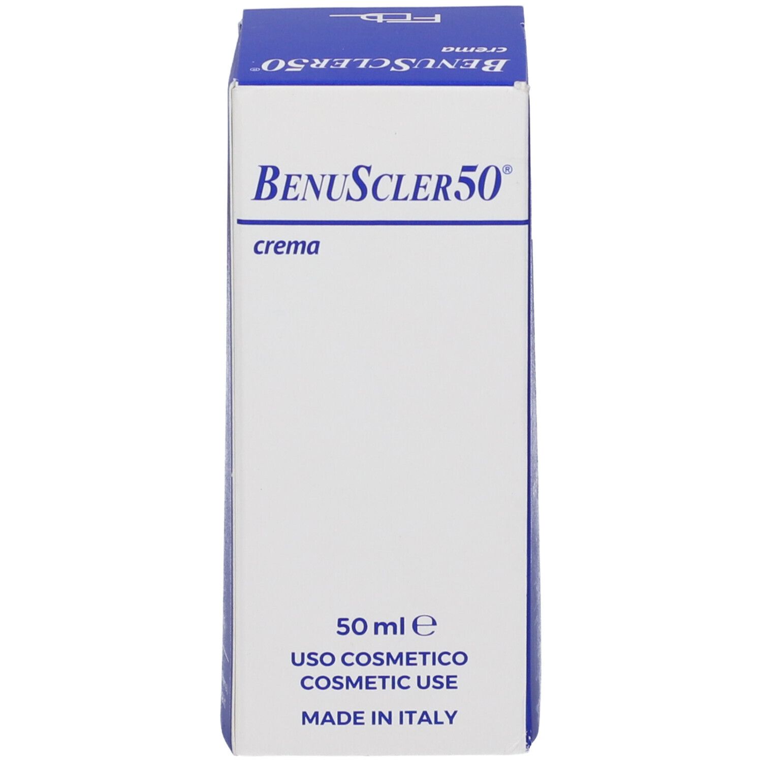 Scatola blu. Scritta Benuscler 50 crema. 50 ml. Uso Cosmetico. Made in Italy.