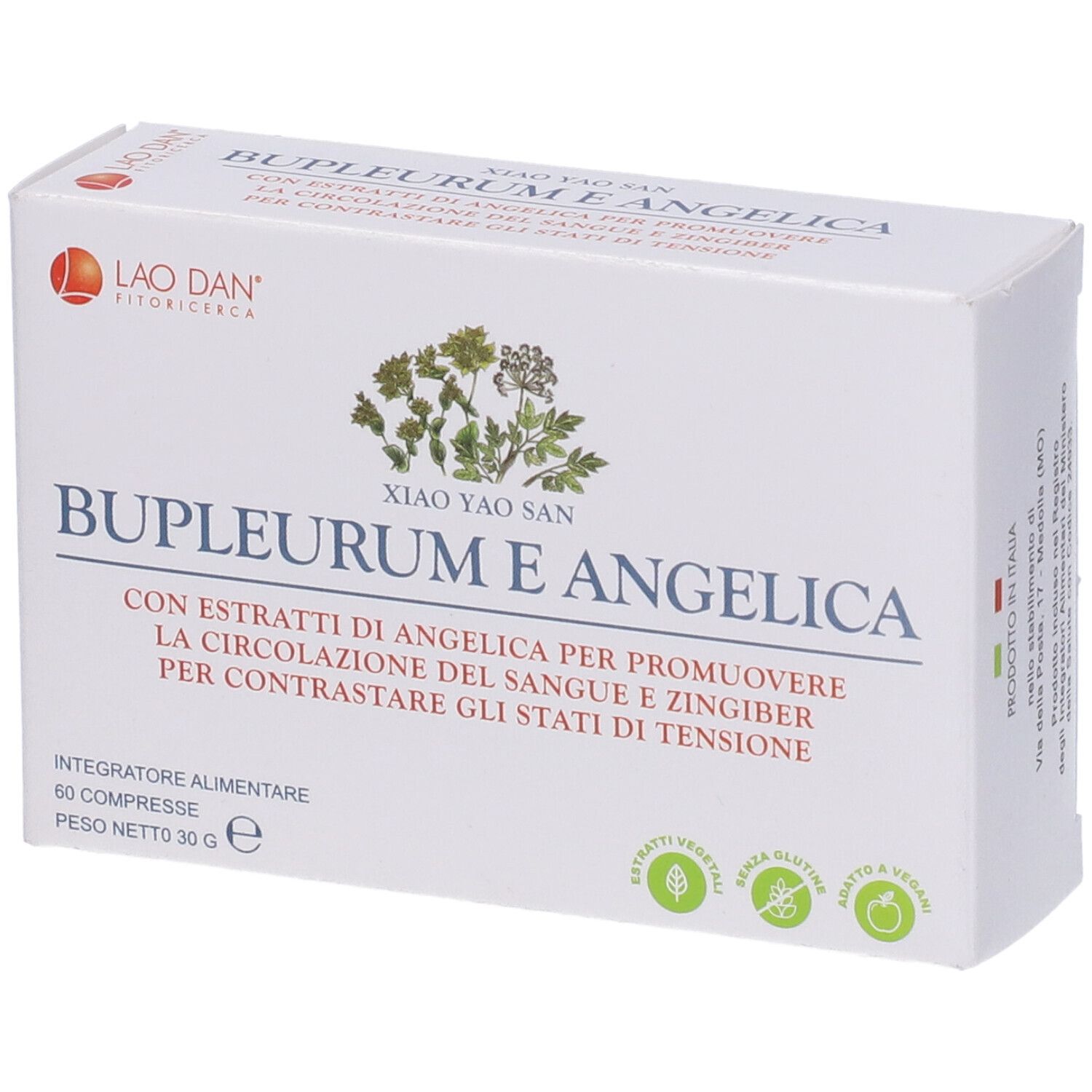 Scatola bianca con scritta: Bupleurum e Angelica. Marchio: Lao Dan. 60 compresse.