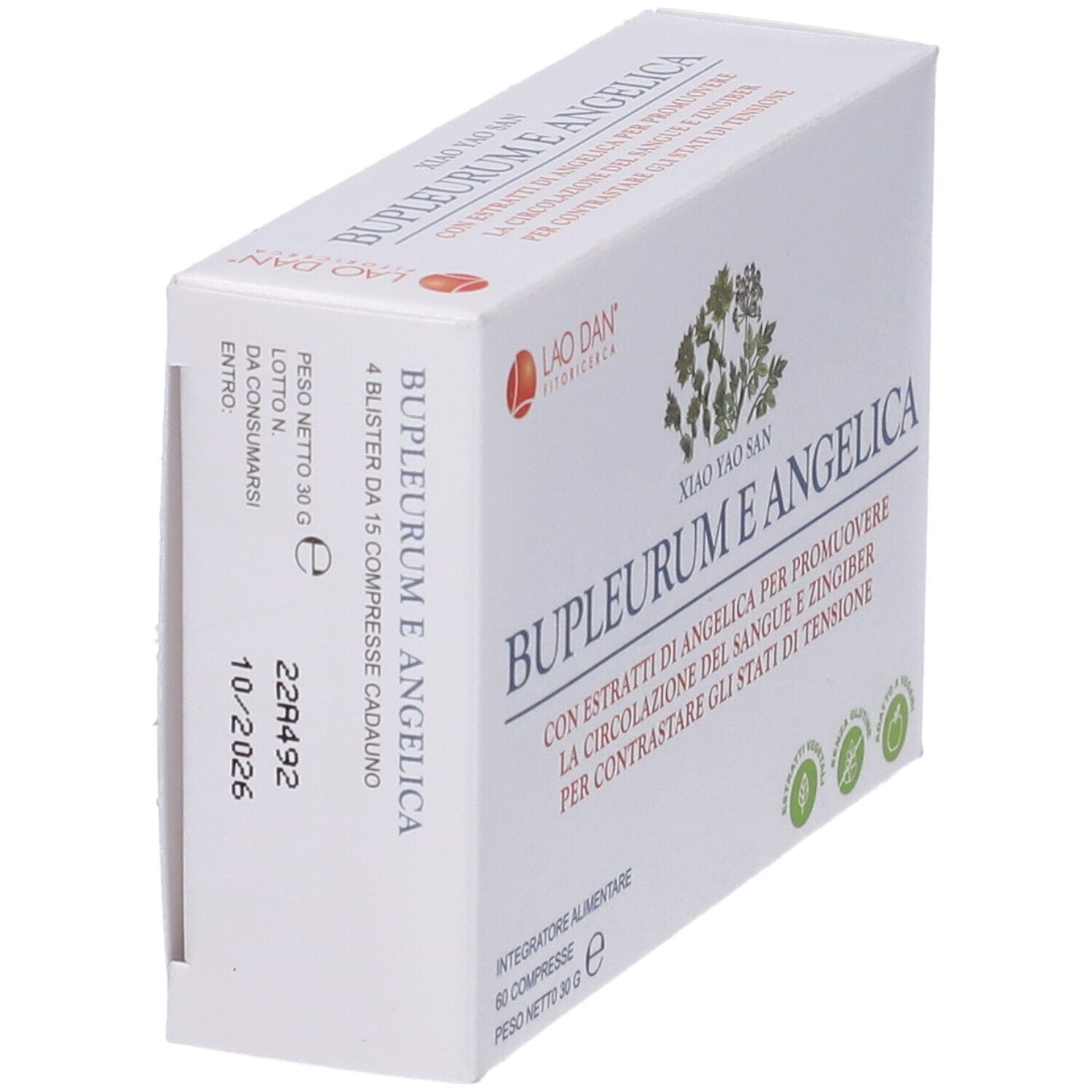 Scatola bianca con scritta: Bupleurum e Angelica. Marchio: Lao Dan. 60 compresse.