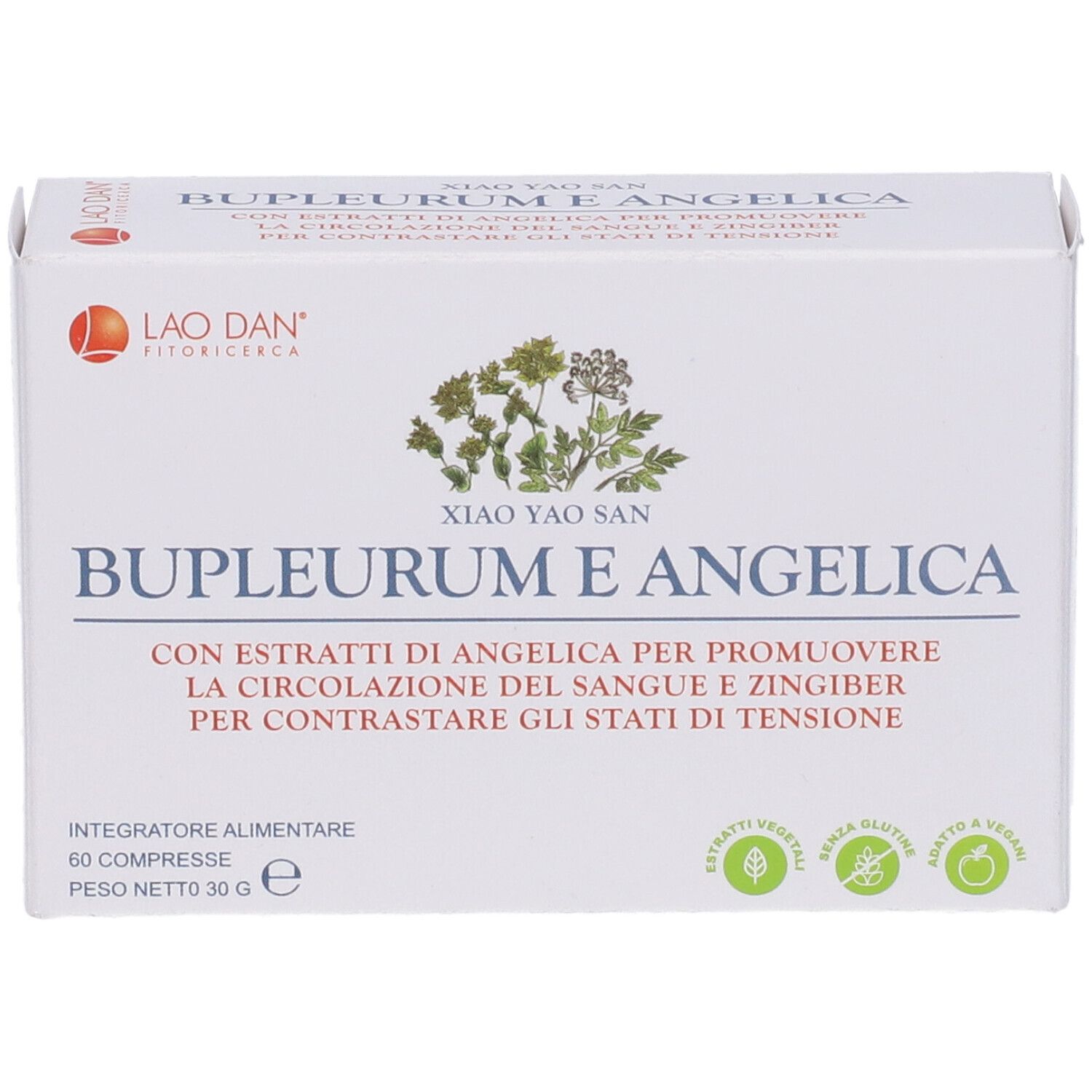 Scatola bianca con scritta: Bupleurum e Angelica. Marchio: Lao Dan. 60 compresse.