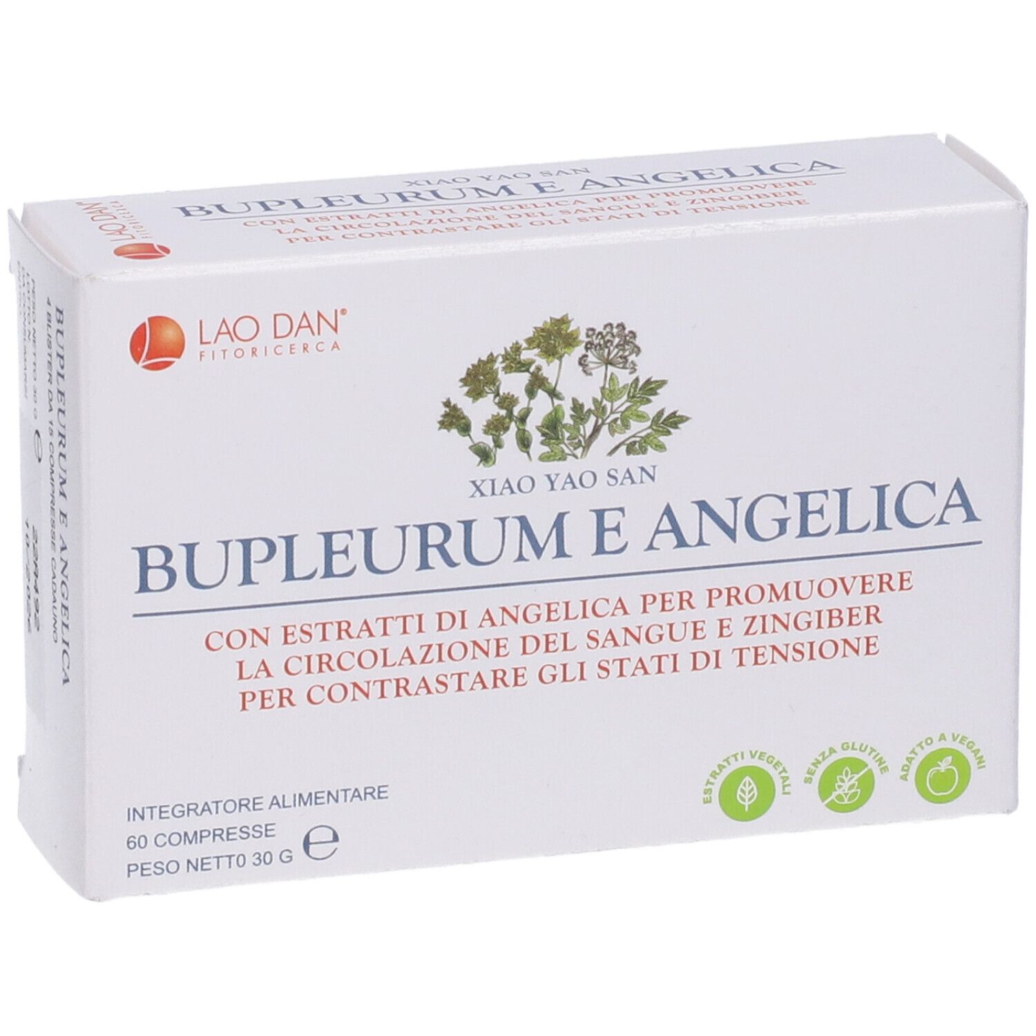 Scatola bianca con scritta: Bupleurum e Angelica. Marchio: Lao Dan. 60 compresse.