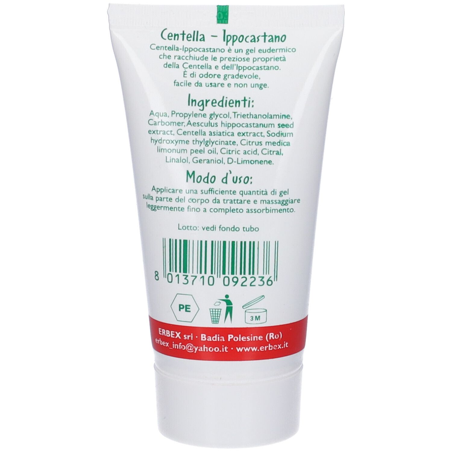 Retro del tubo con testo in italiano. Elenco ingredienti e istruzioni per l'uso. Codice a barre in basso.