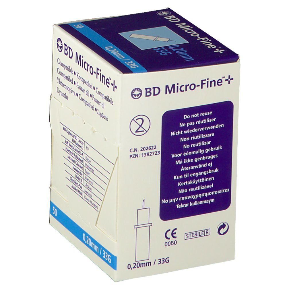 Confezione di lancette BD Micro-Fine+. Scatola blu e bianca con logo, avvertenze e marchio CE.