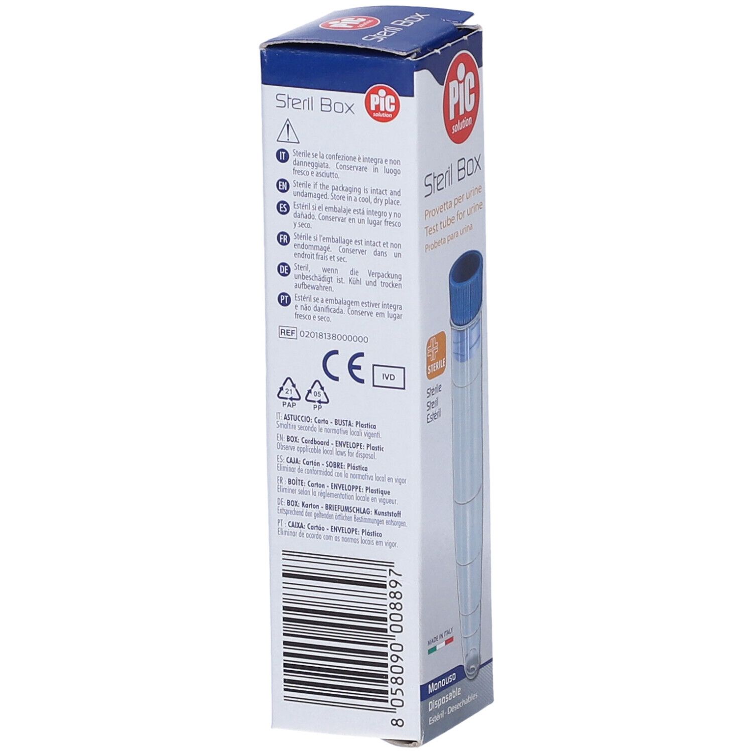 Scatola con provetta. Scritte: PIC, Steril Box, testo multilingue. Tappo blu. Marchio CE.