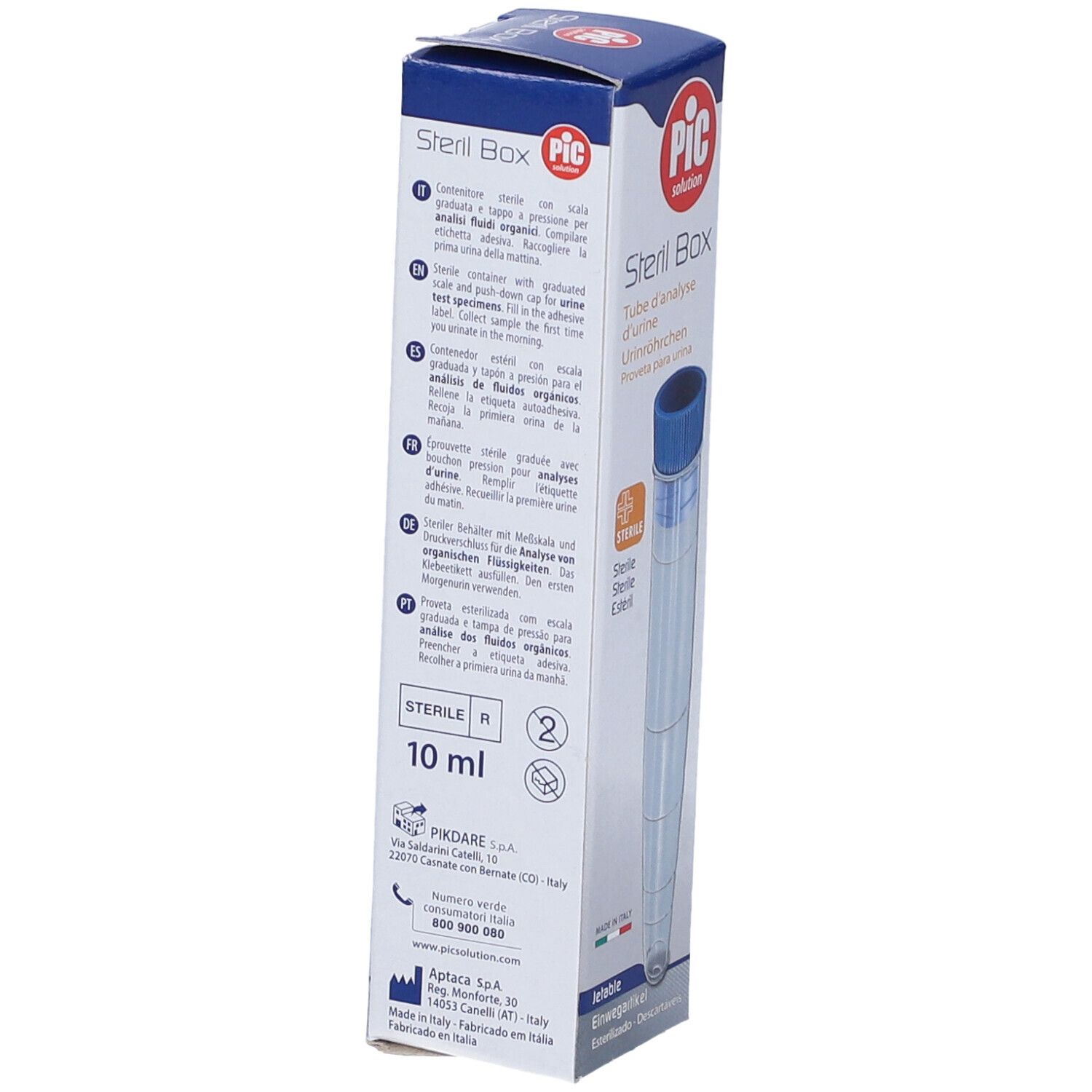 Scatola con provetta. Scritte: PIC, Steril Box, testo multilingue. Tappo blu. 10 ml.