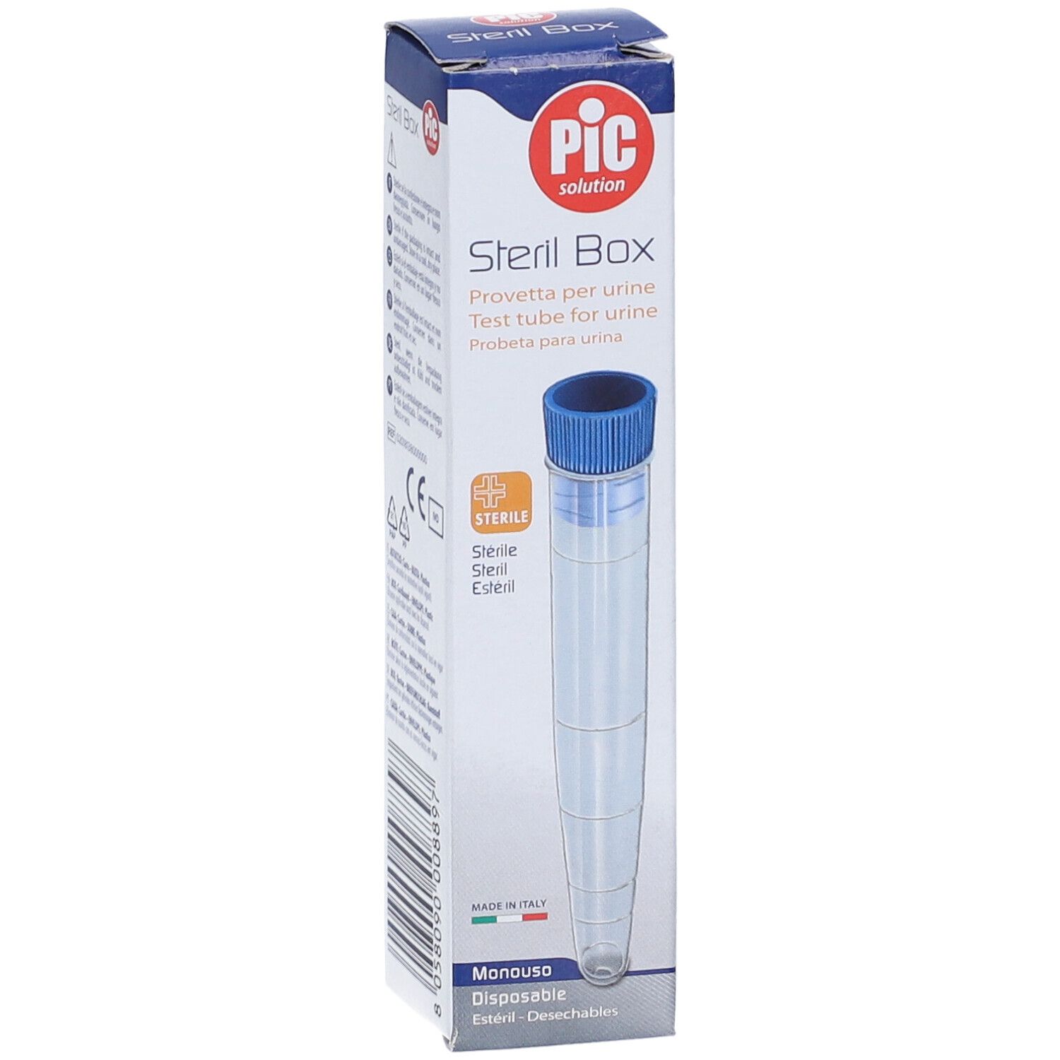 Scatola con provetta. Scritte: PIC, Steril Box, testo multilingue. Tappo blu. Monouso.