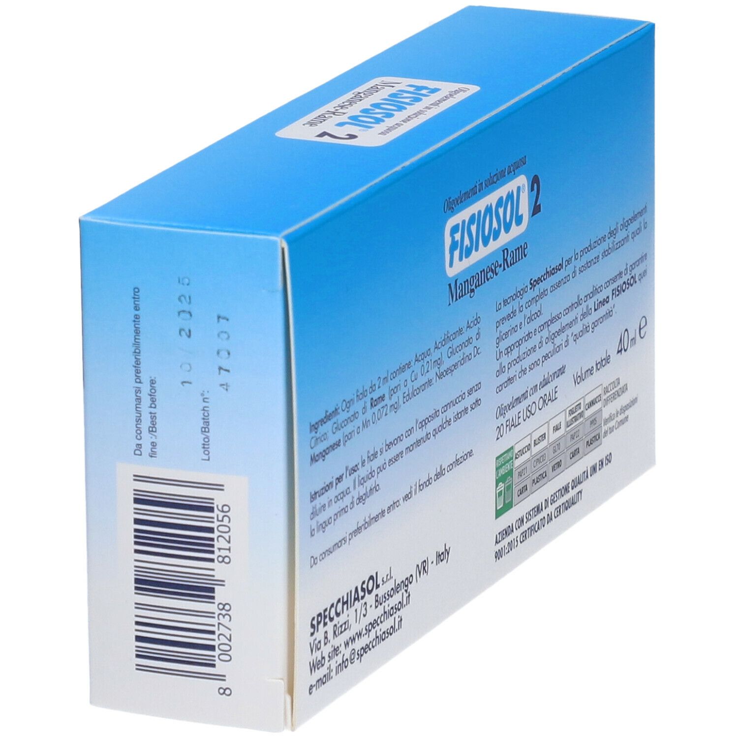 Scatola blu FISIOSOL 2 Manganese-Rame. Scritta: Oligoelementi in soluzione acquosa. Retro.